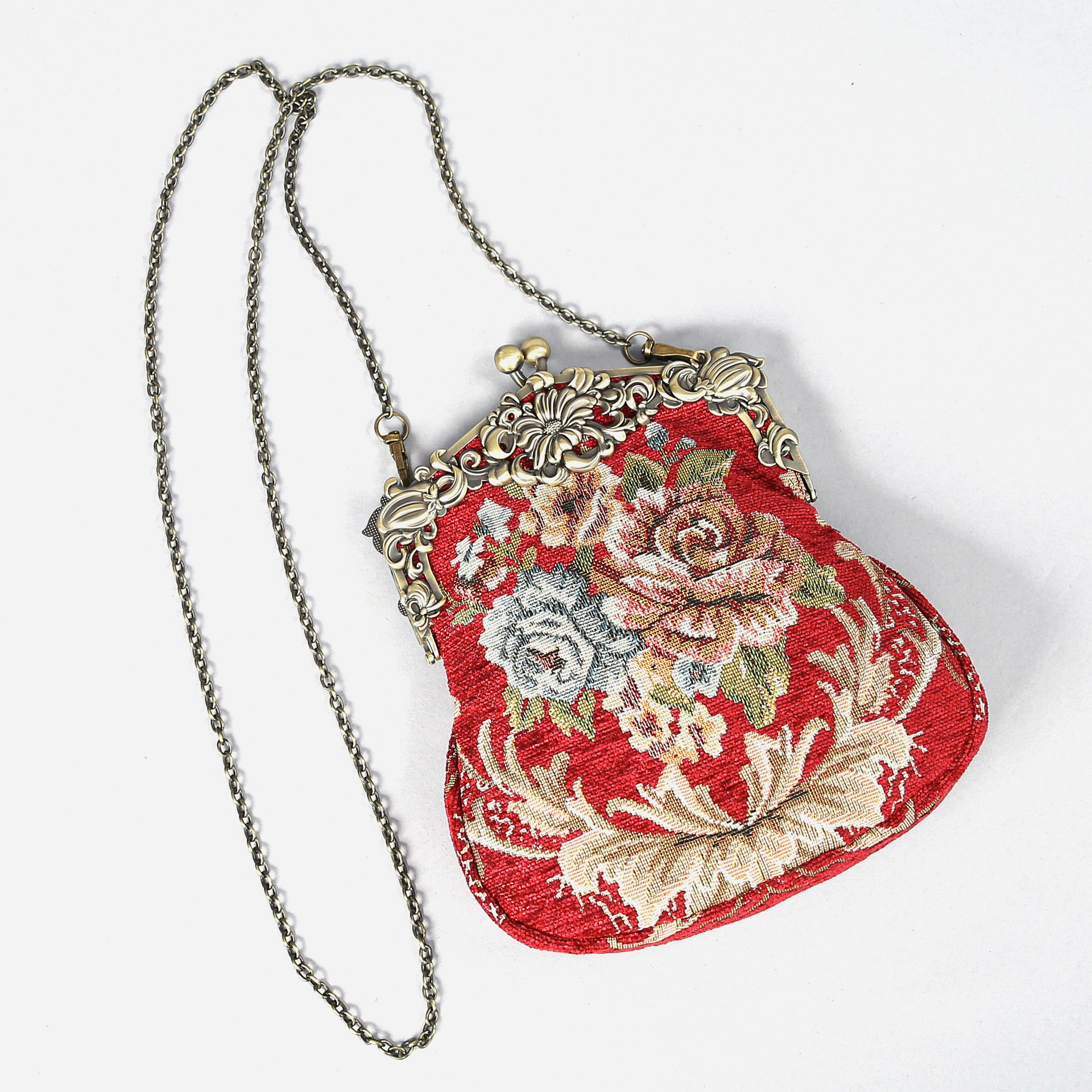 Floral Red Chatelaine Purse Large carpet bag of America with long chain
