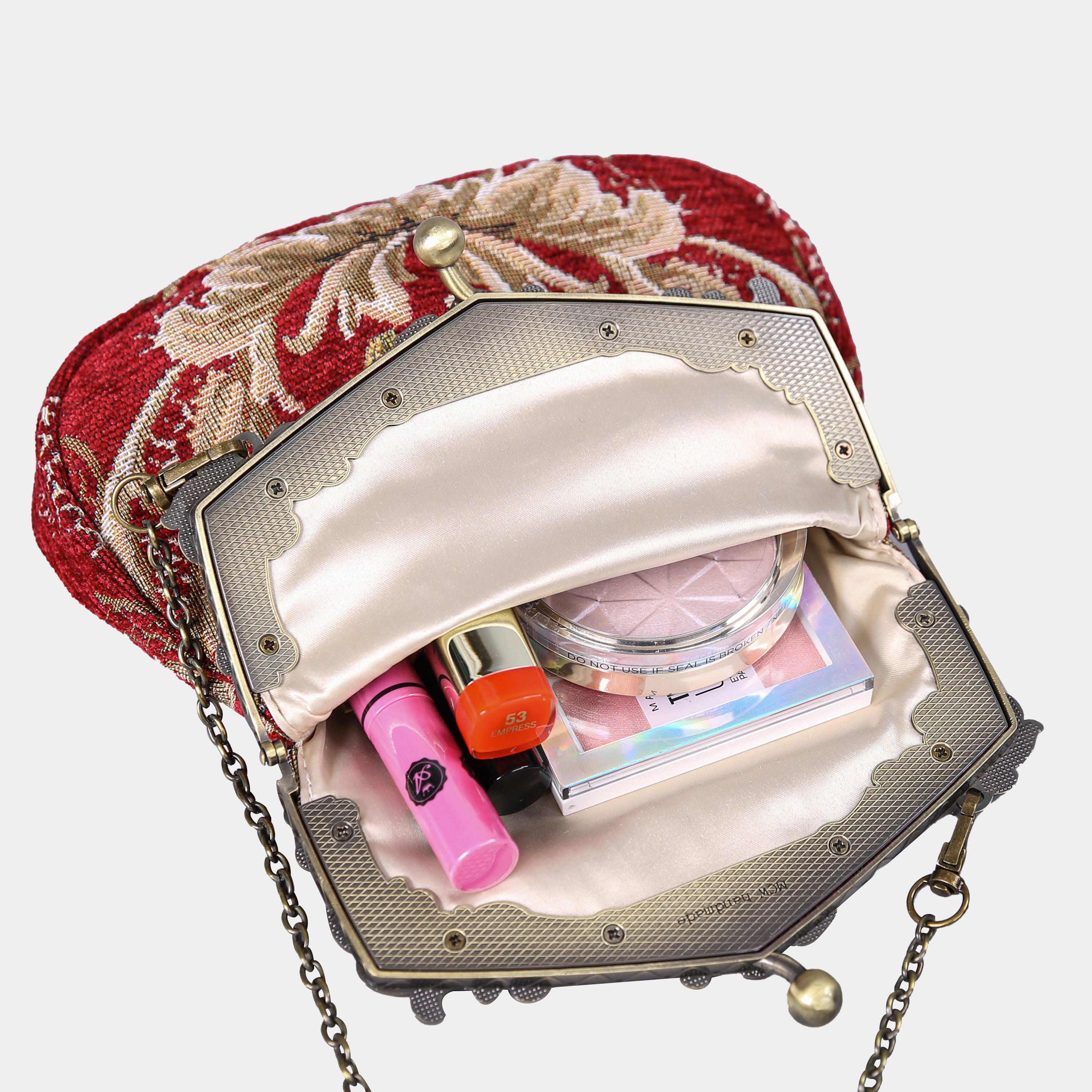 Floral Red Chatelaine Purse Large carpet bag of America in use
