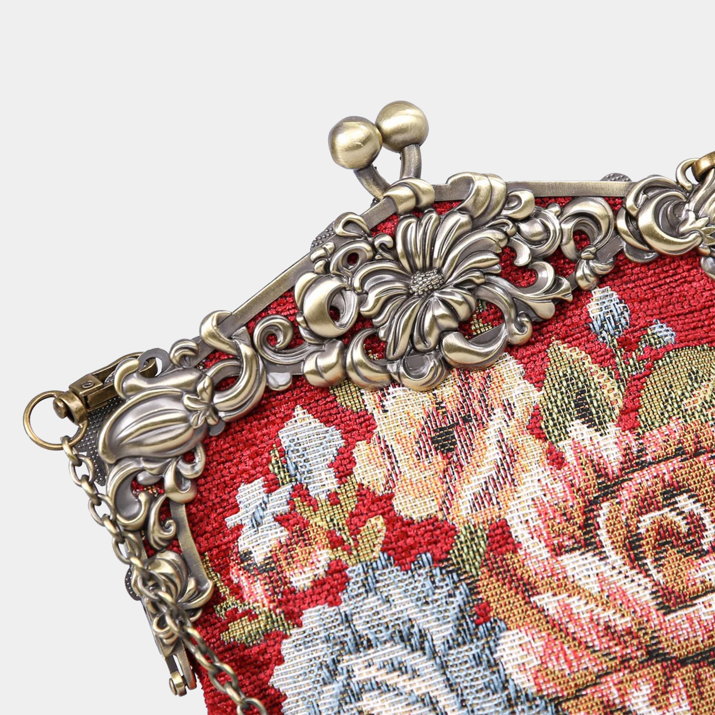 Floral Red Chatelaine Purse Large carpet bag of America detail