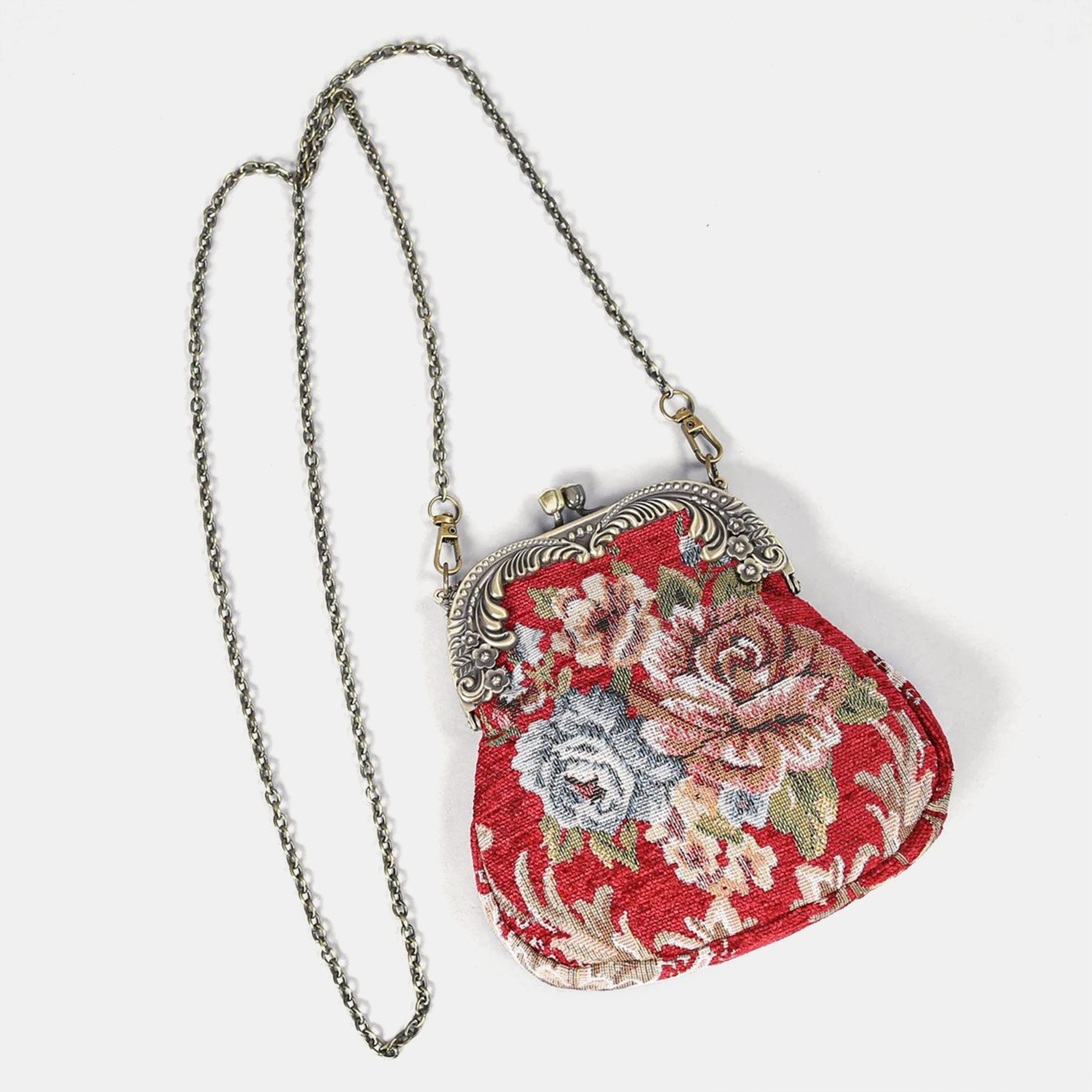 Floral Red Chatelaine Purse Medium carpet bag of America with chain