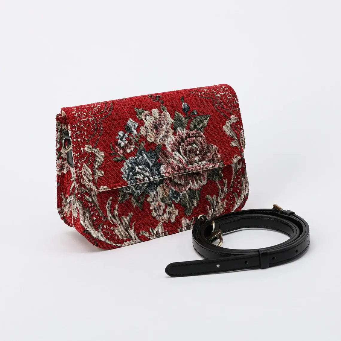 Floral Red Flap Crossbody Bag carpet bag of America with shoulder strap
