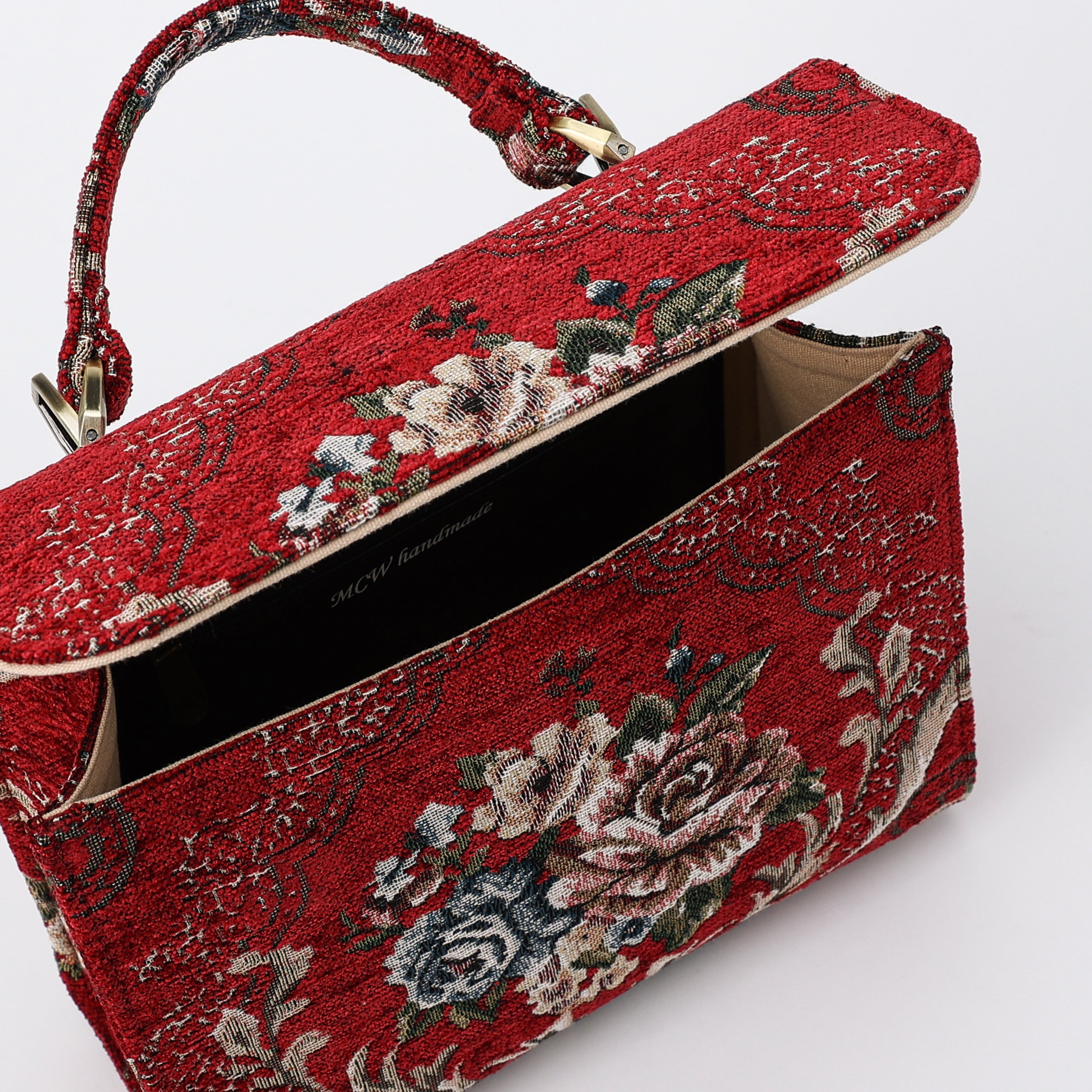Floral Red Flap Satchel Carpetbag of America opening