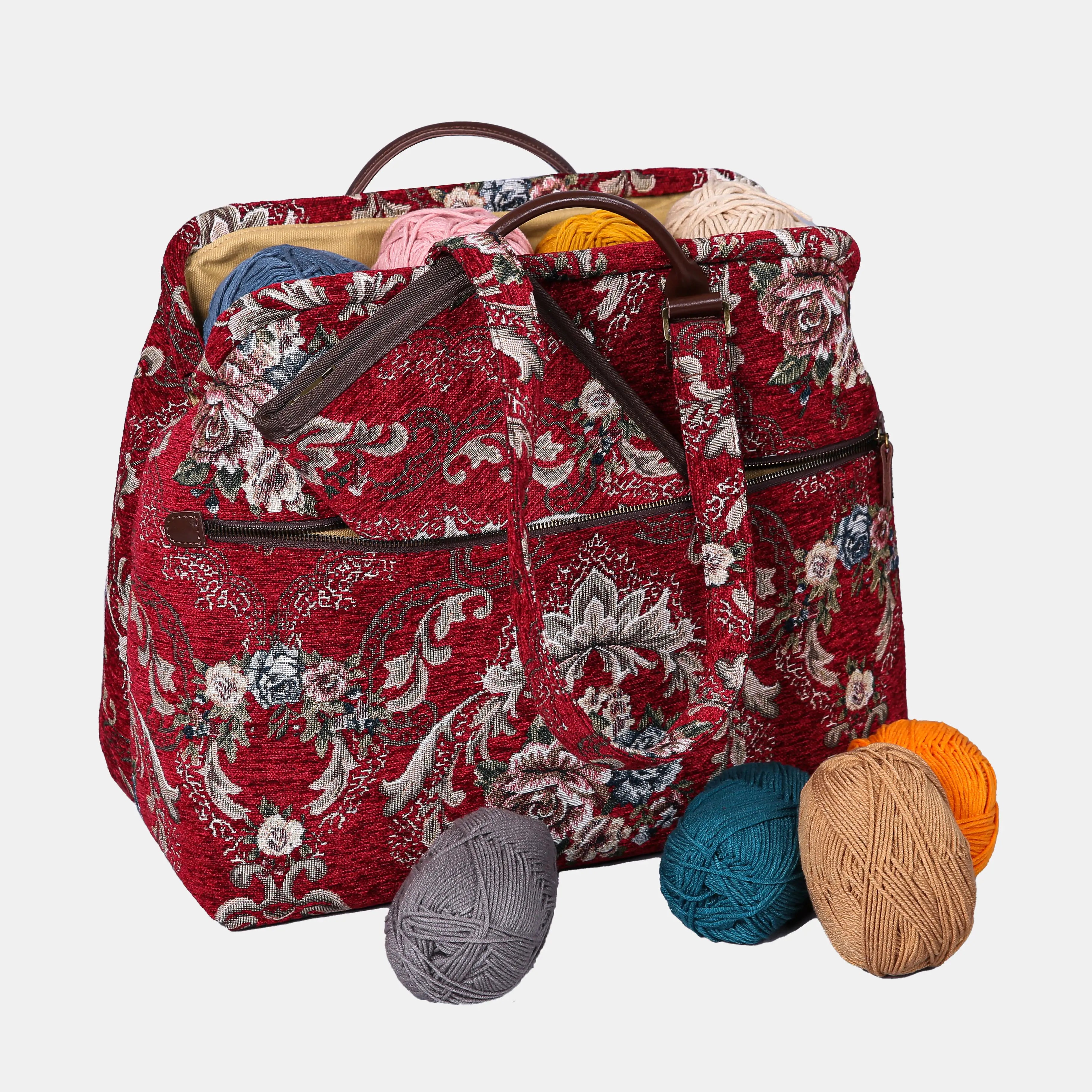 Floral Red Knitting Project Bag  of America-with yarn ball