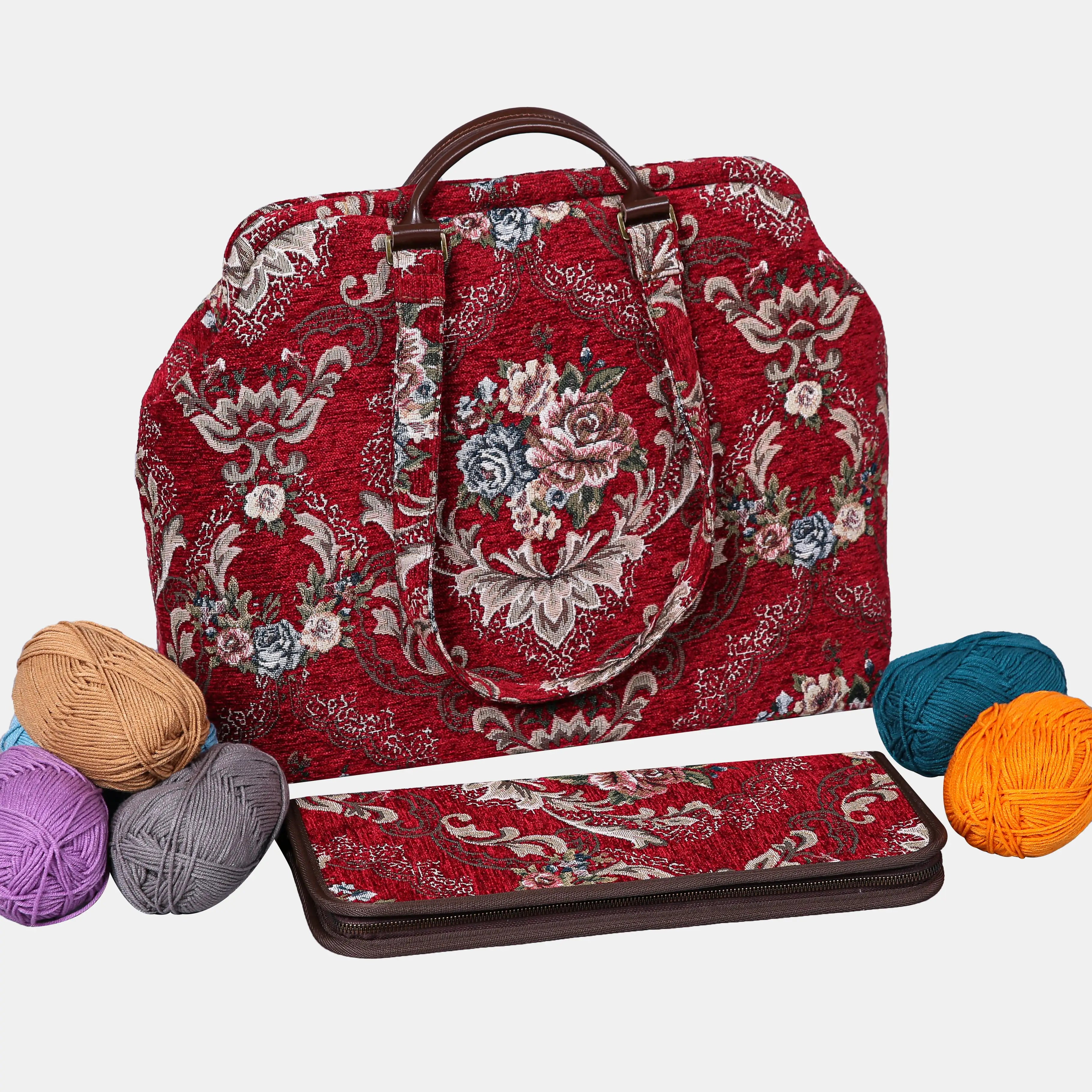 Floral Red Knitting Project Bag  of America-with yarn ball