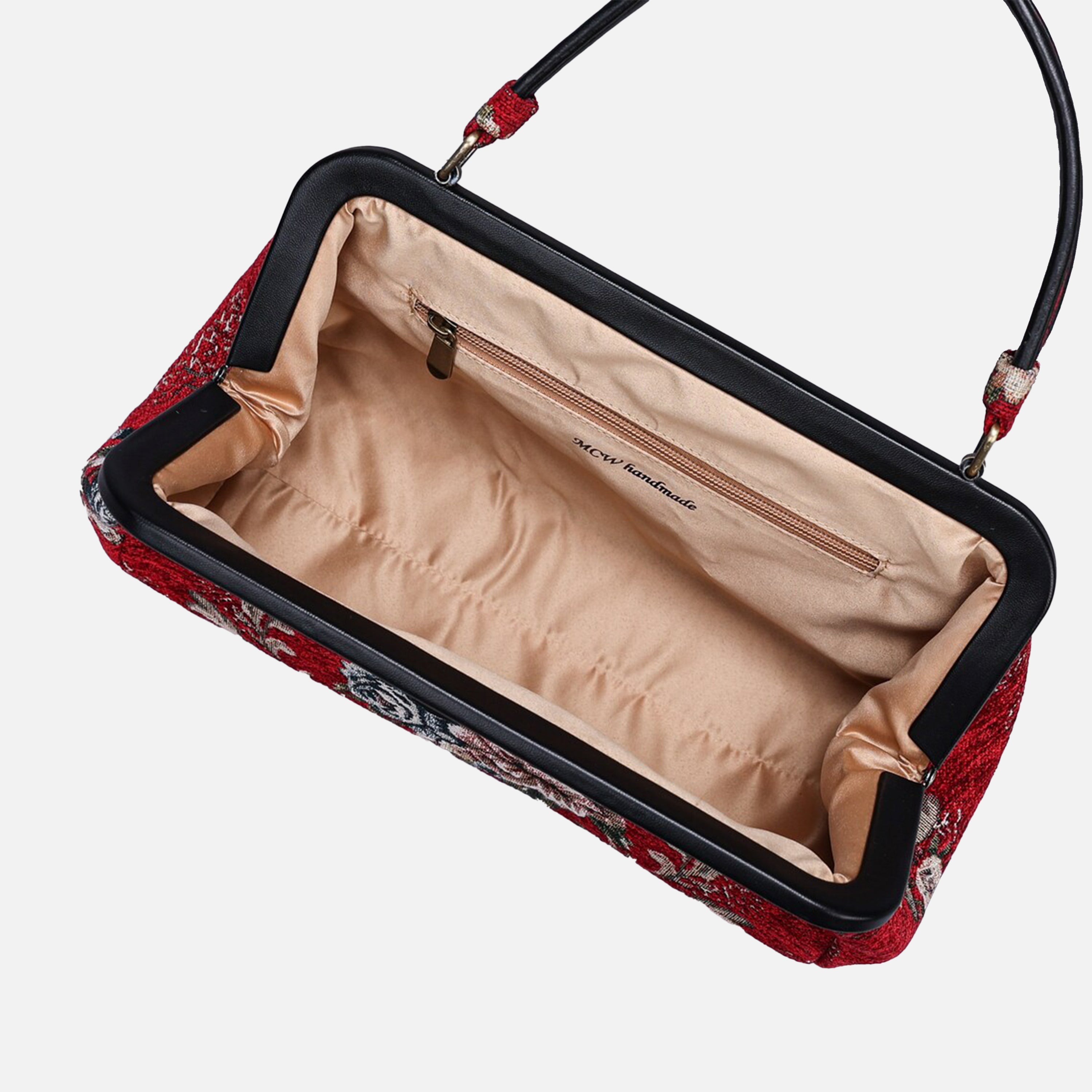 Floral Red Top Handle Purse carpet bag of America inside