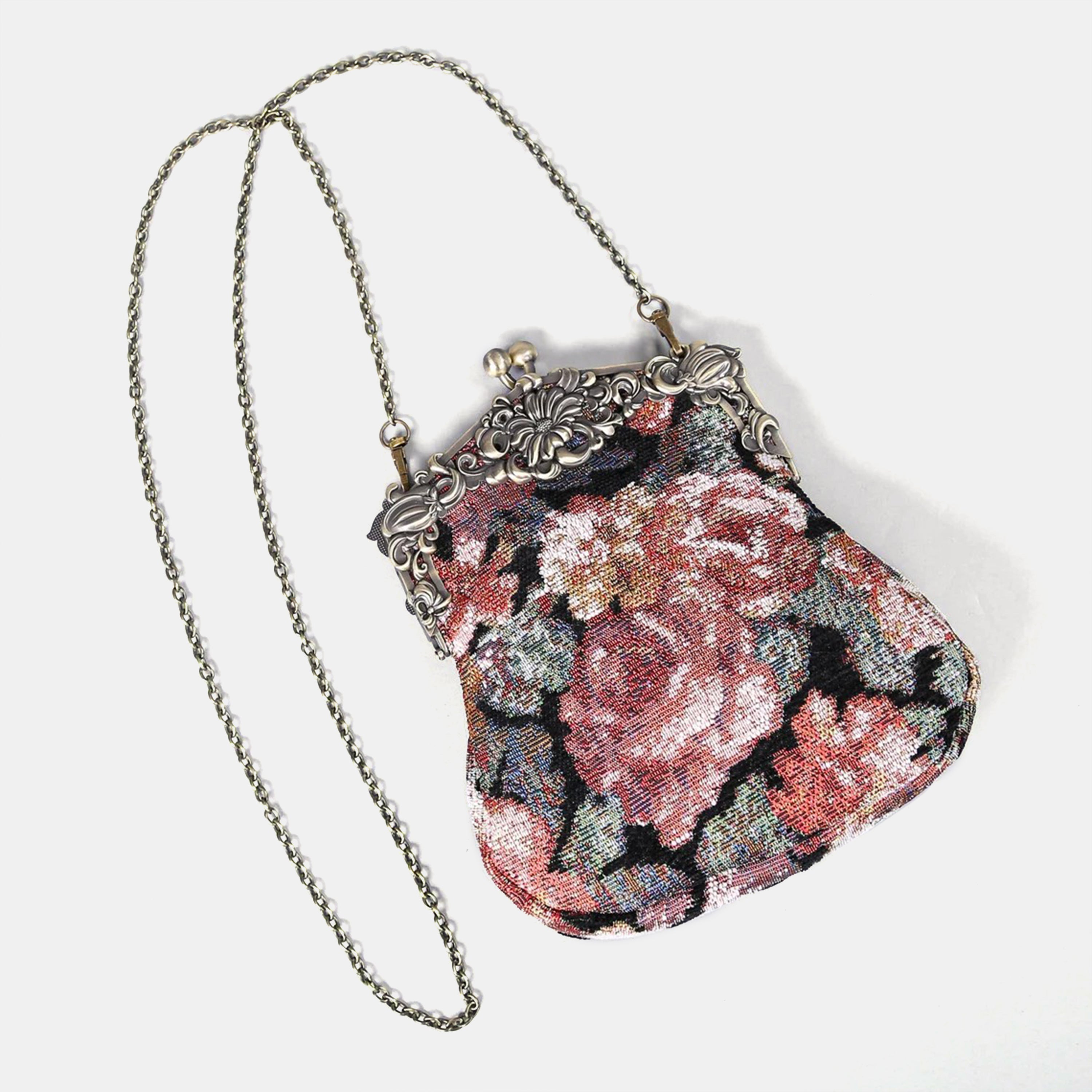 Floral Rose Chatelaine Purse Large carpet bag of America with long chain