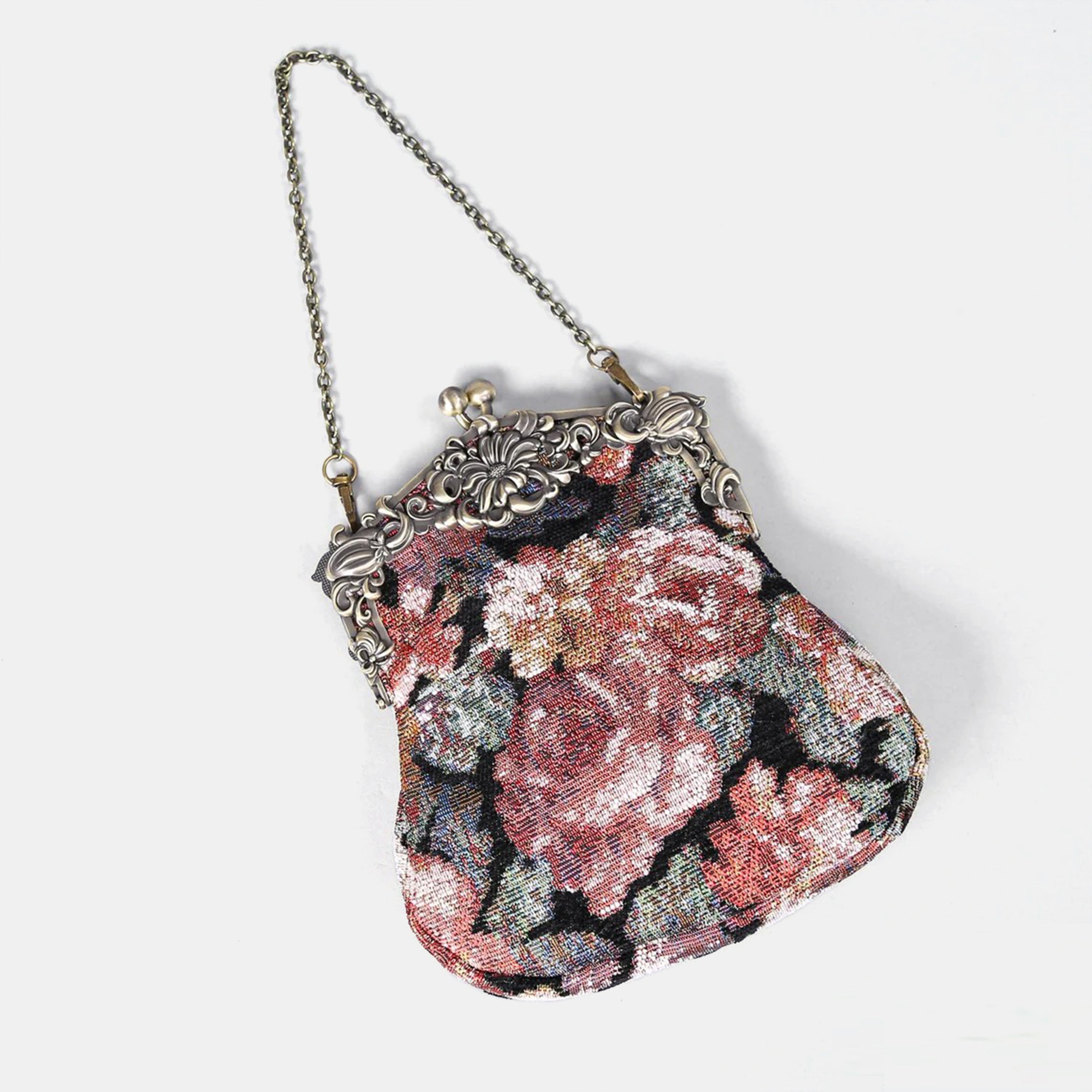 Floral Rose Chatelaine Purse Large carpet bag of America lay flat