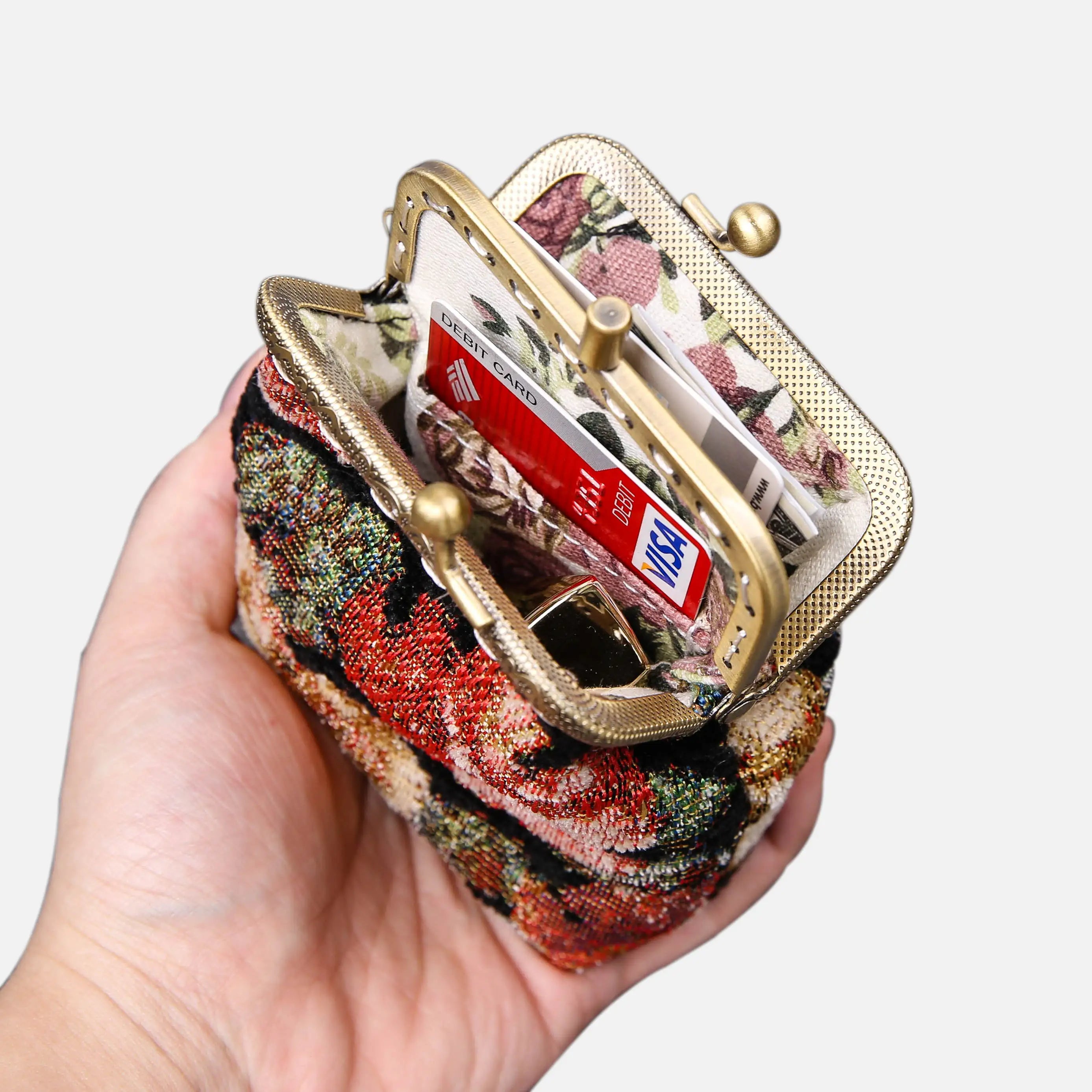 Floral Rose Double Kiss Clasp Coin Purse of America in use-1