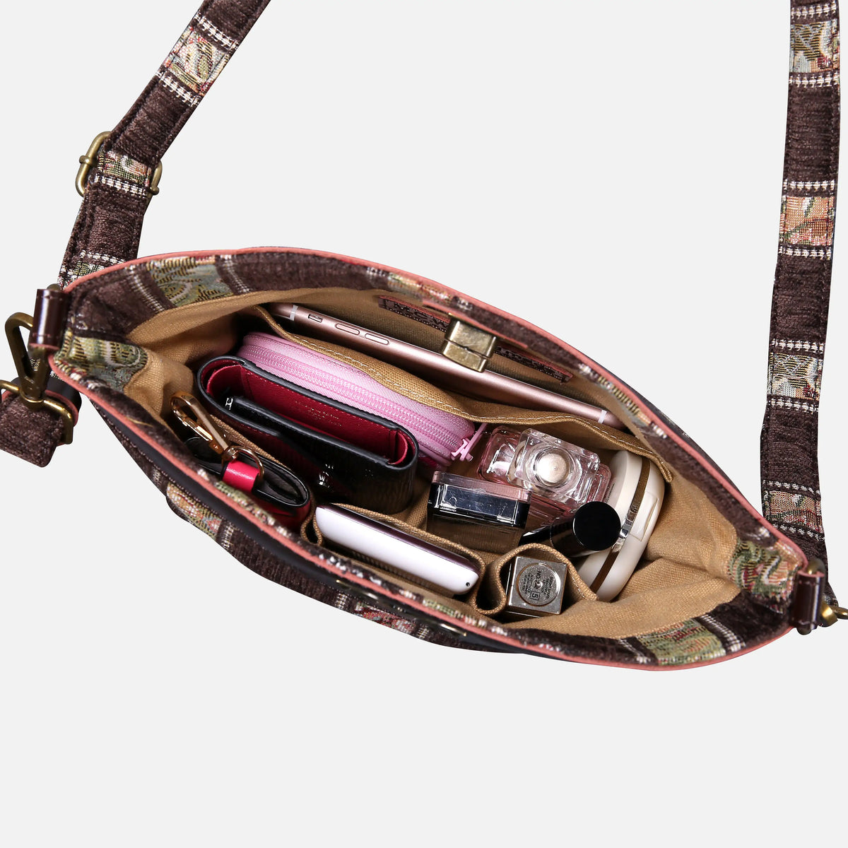 Floral Strips Coffee Carpet Crossbody Bag carpet bag MCW Handmade of America in use