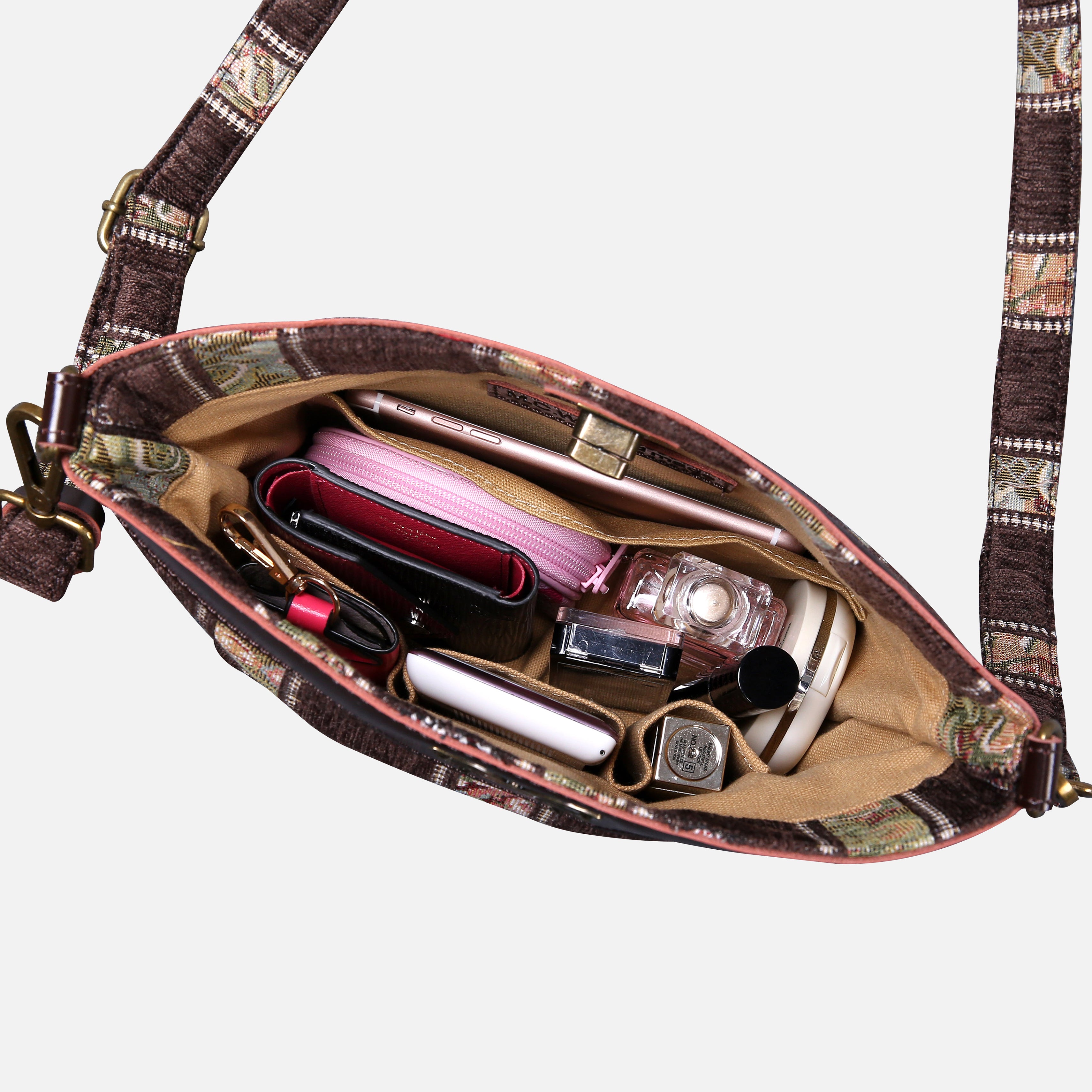 Floral Strips Coffee Carpet Crossbody Bag carpet bag MCW Handmade of America in use