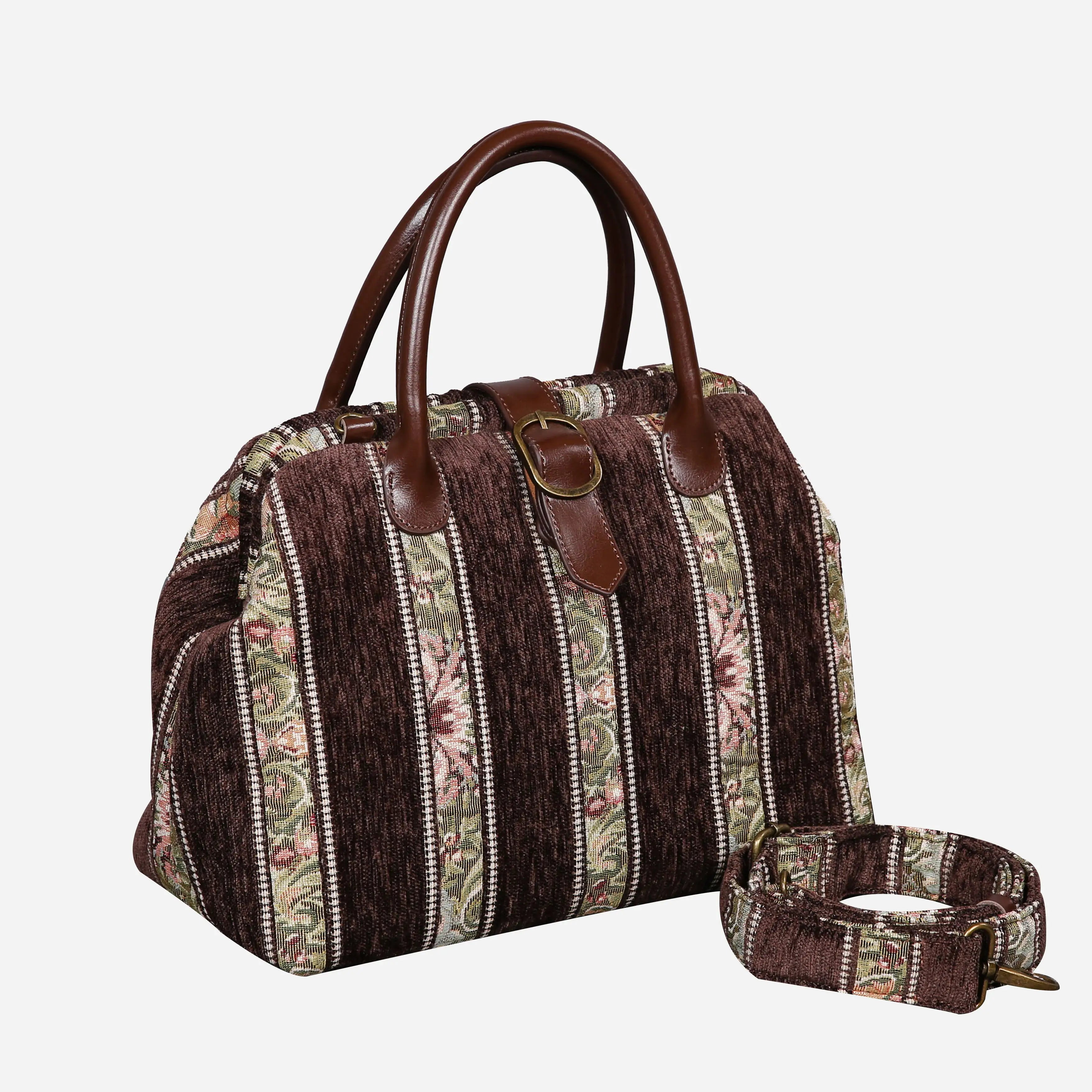 Floral Strips Coffee Carpet Handbag Purse carpet bag MCW Handmade of America with shoulder strap