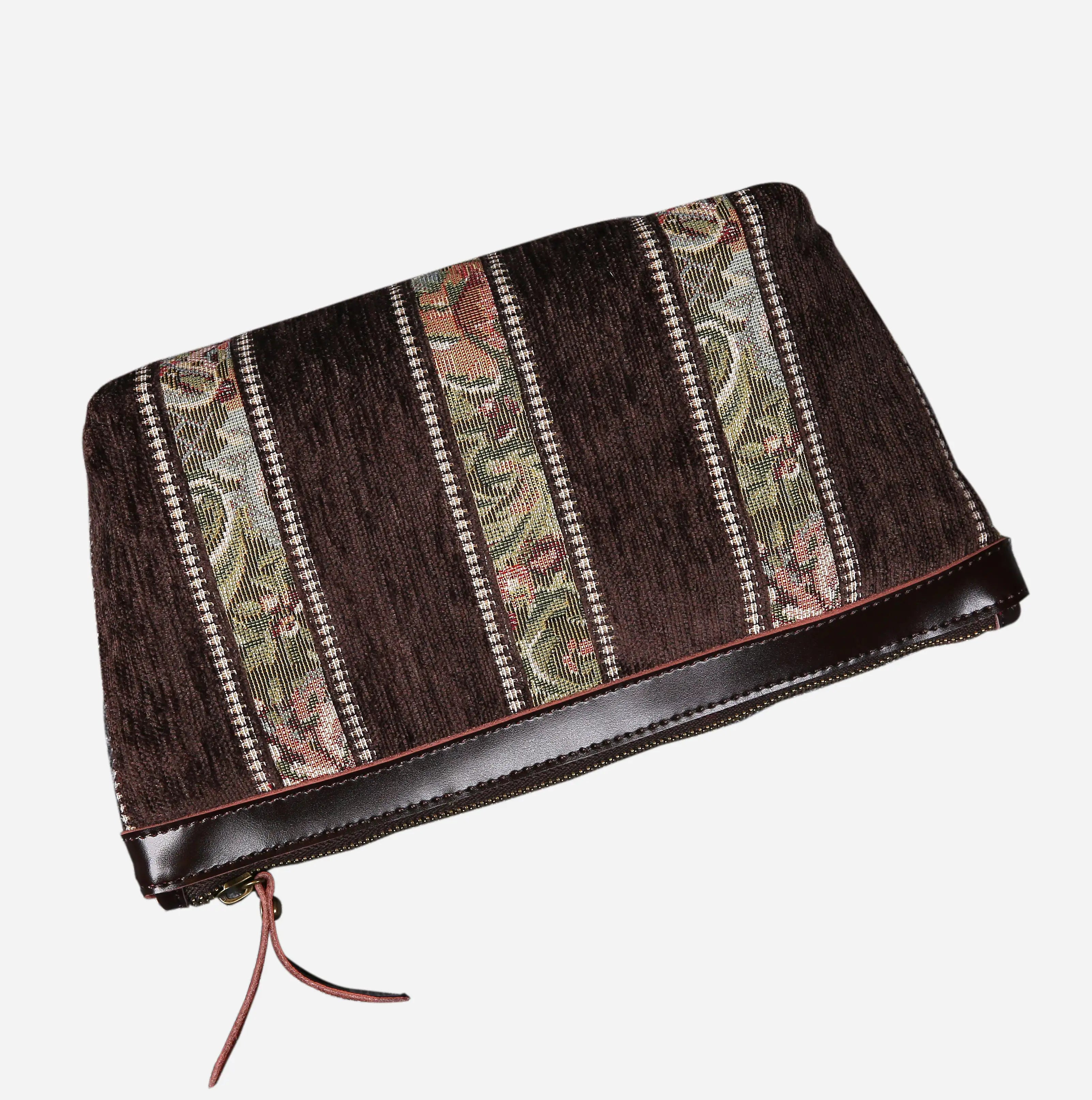 Floral Strips Coffee Carpet Makeup Bag carpet bag MCW Handmade of America lay flat