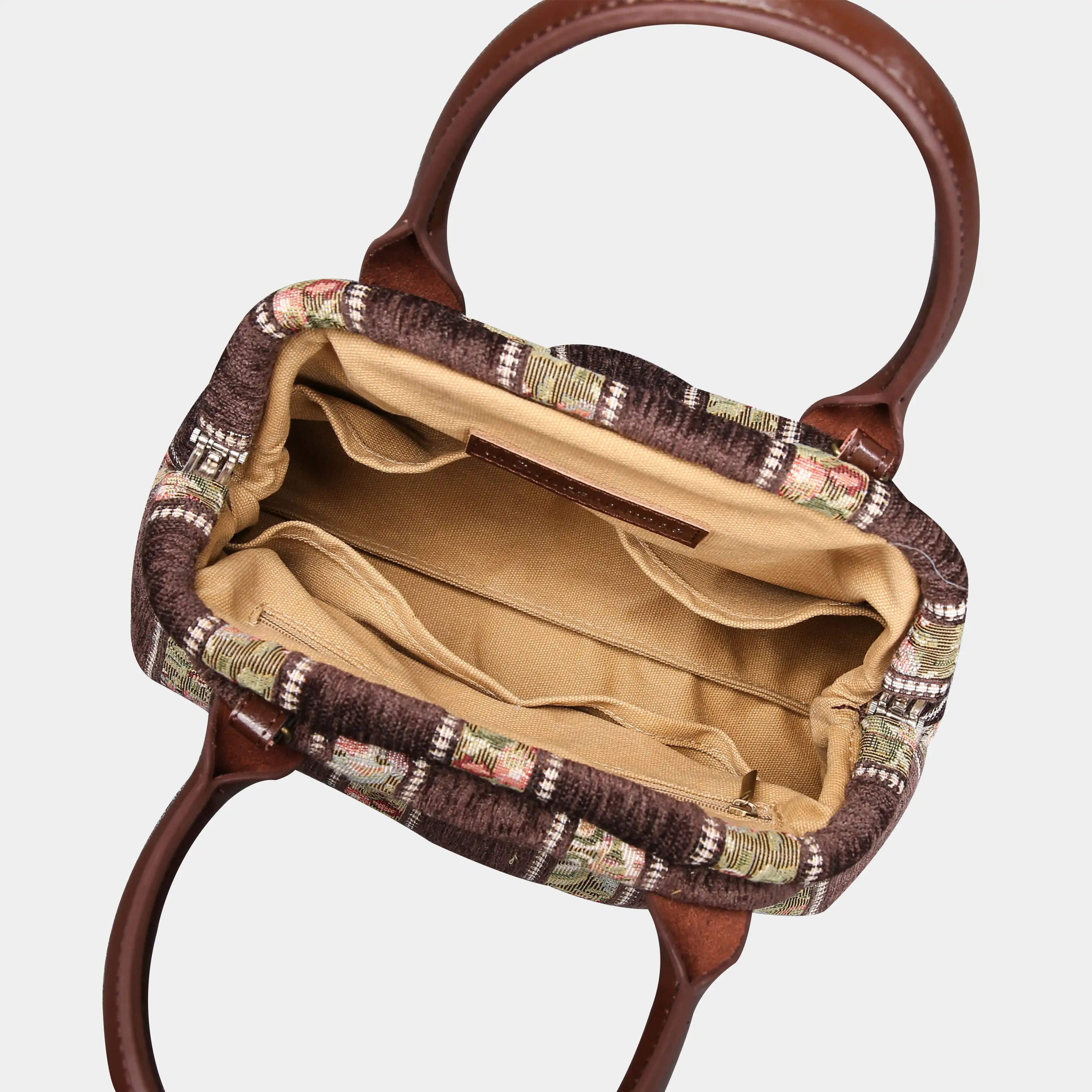Floral Stripes Coffee Carpet Satchel carpet bag MCW Handmade of America open