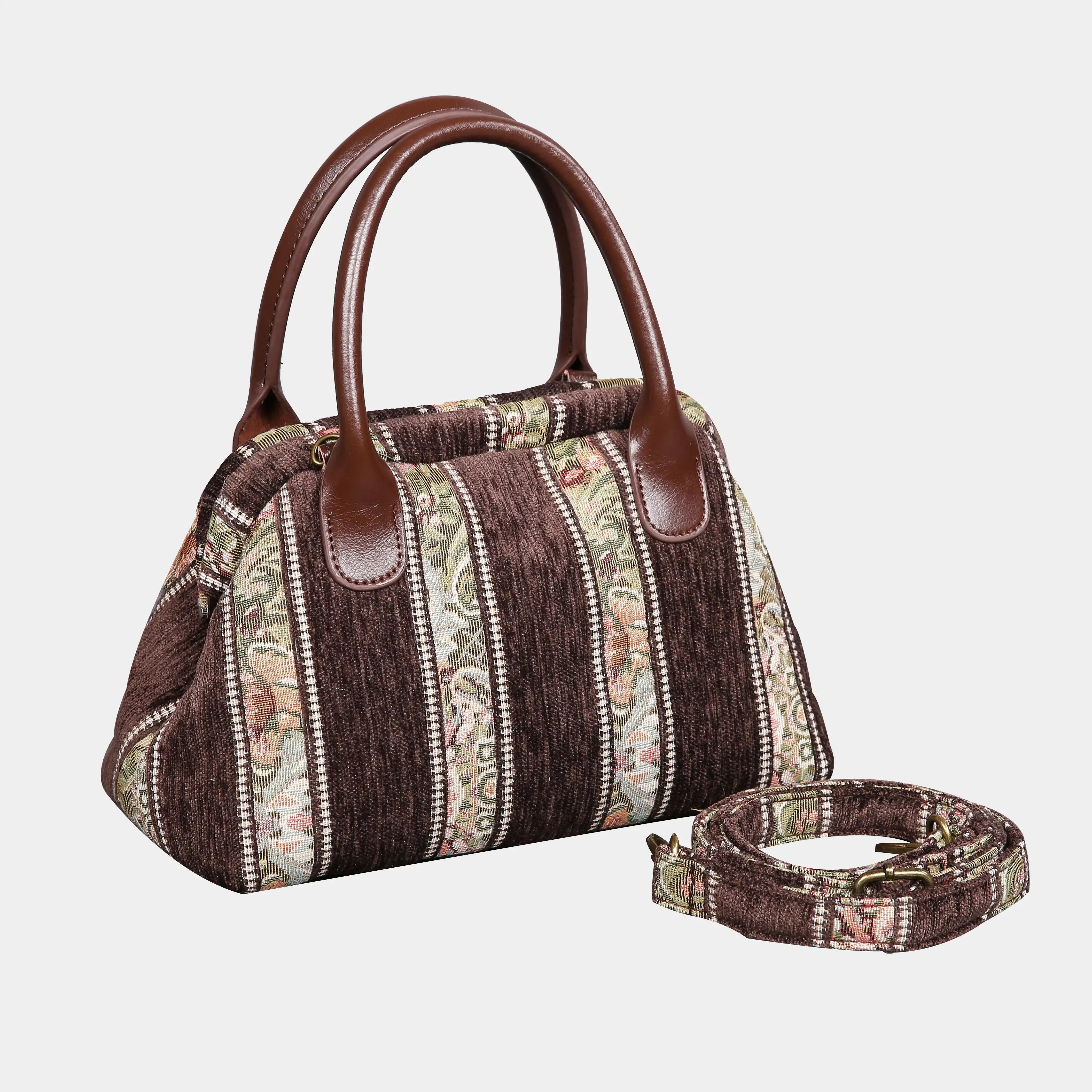 Floral Stripes Coffee Carpet Satchel carpet bag MCW Handmade of America with strap