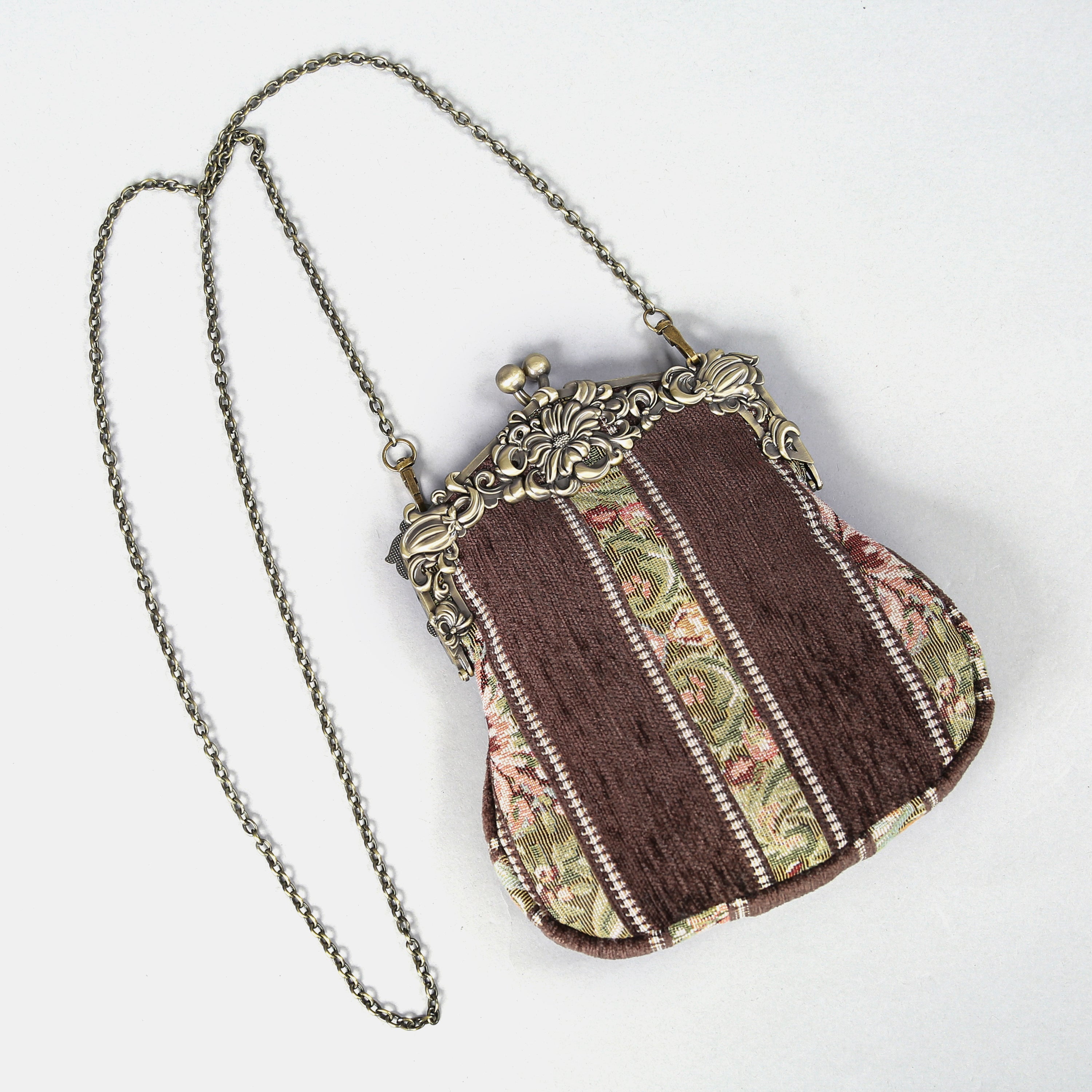 Floral Stripes Brown Chatelaine Purse Large carpet bag of America with long chain