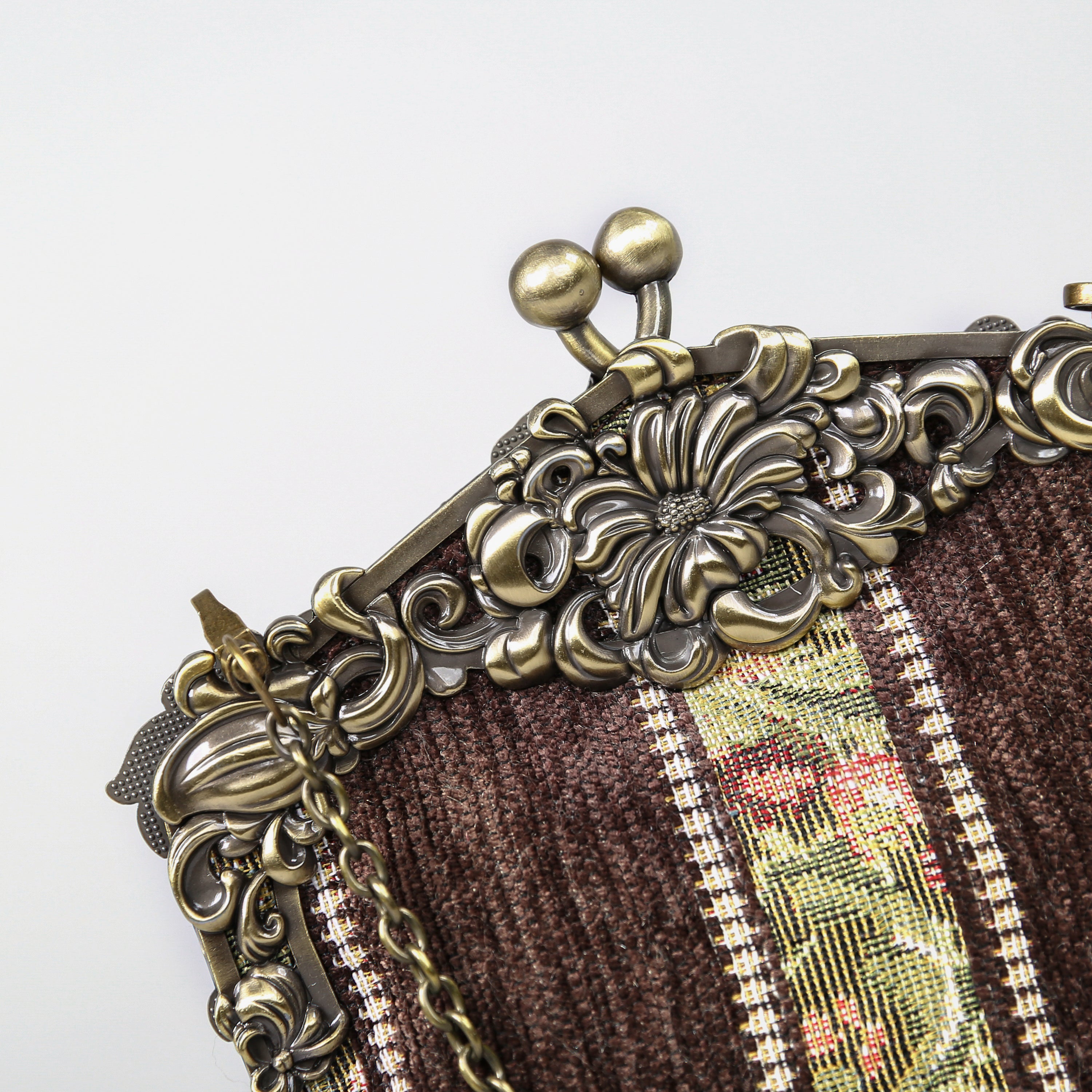 Floral Stripes Brown Chatelaine Purse Large carpet bag of America detail