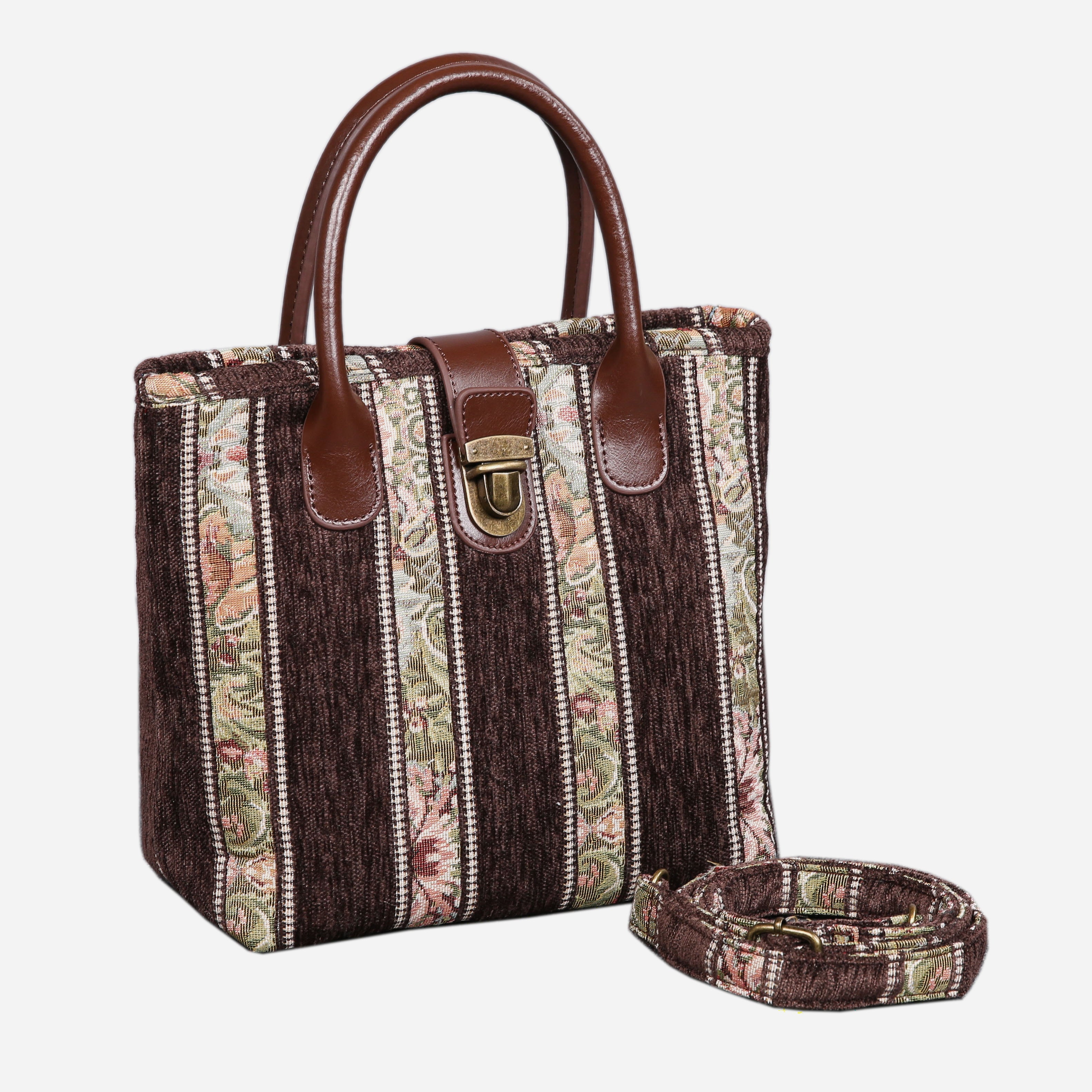 Floral Stripes Coffee Tuck Lock Carpet Satchel carpet bag MCW Handmade of America with strap