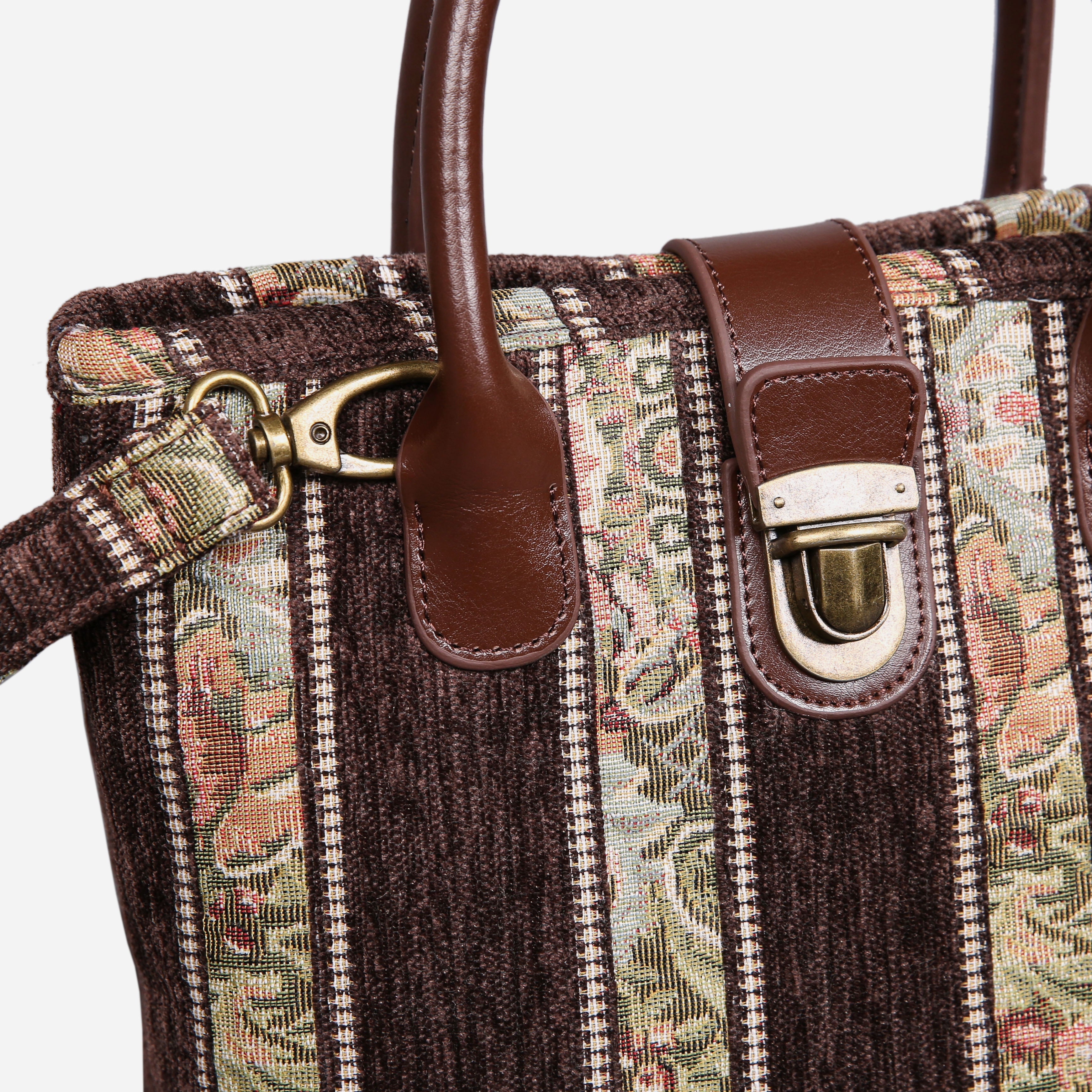 Floral Stripes Coffee Tuck Lock Carpet Satchel carpet bag MCW Handmade of America details
