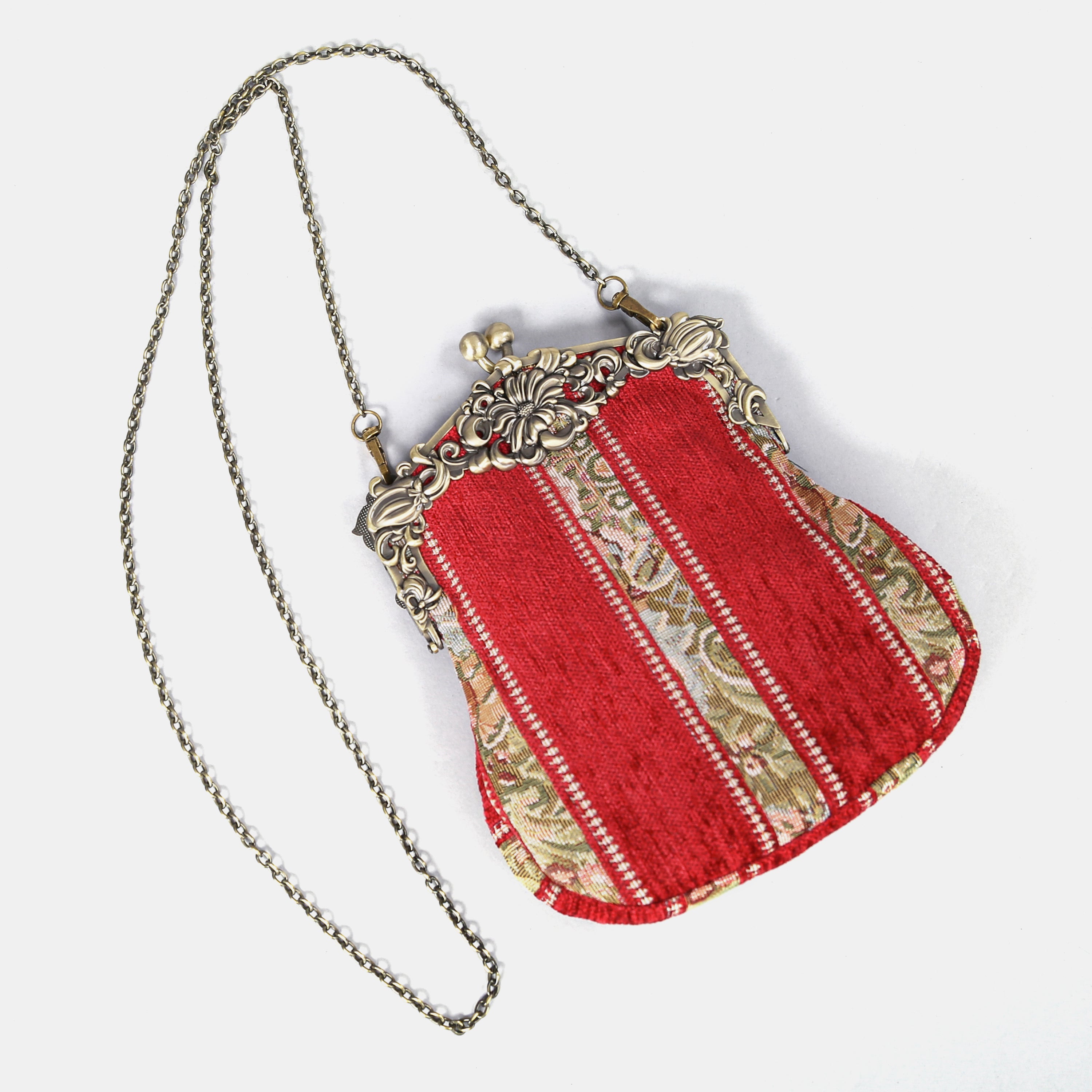 Floral Stripes Red Chatelaine Purse Large carpet bag of America with long chain