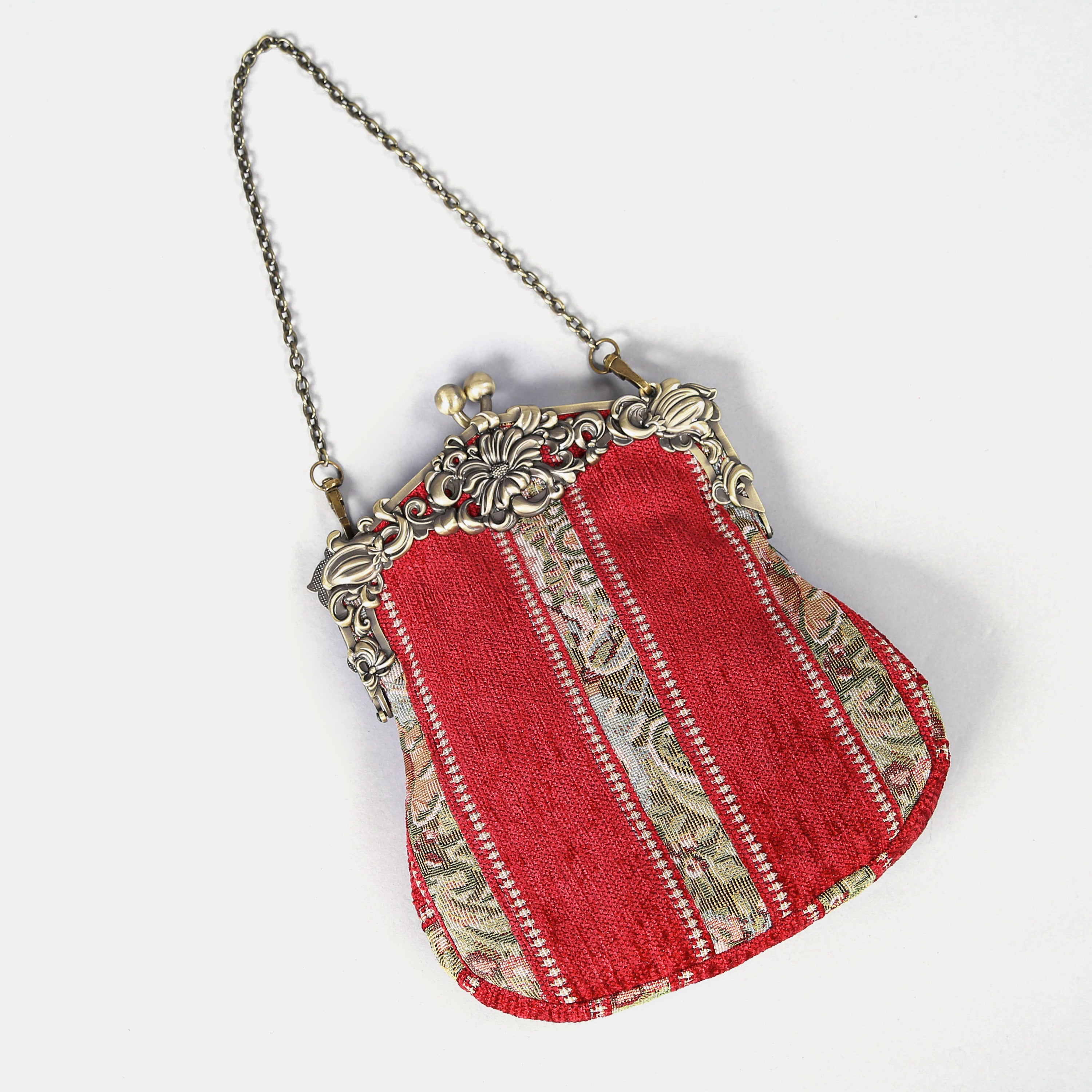 Floral Stripes Red Chatelaine Purse Large carpet bag of America lay flat