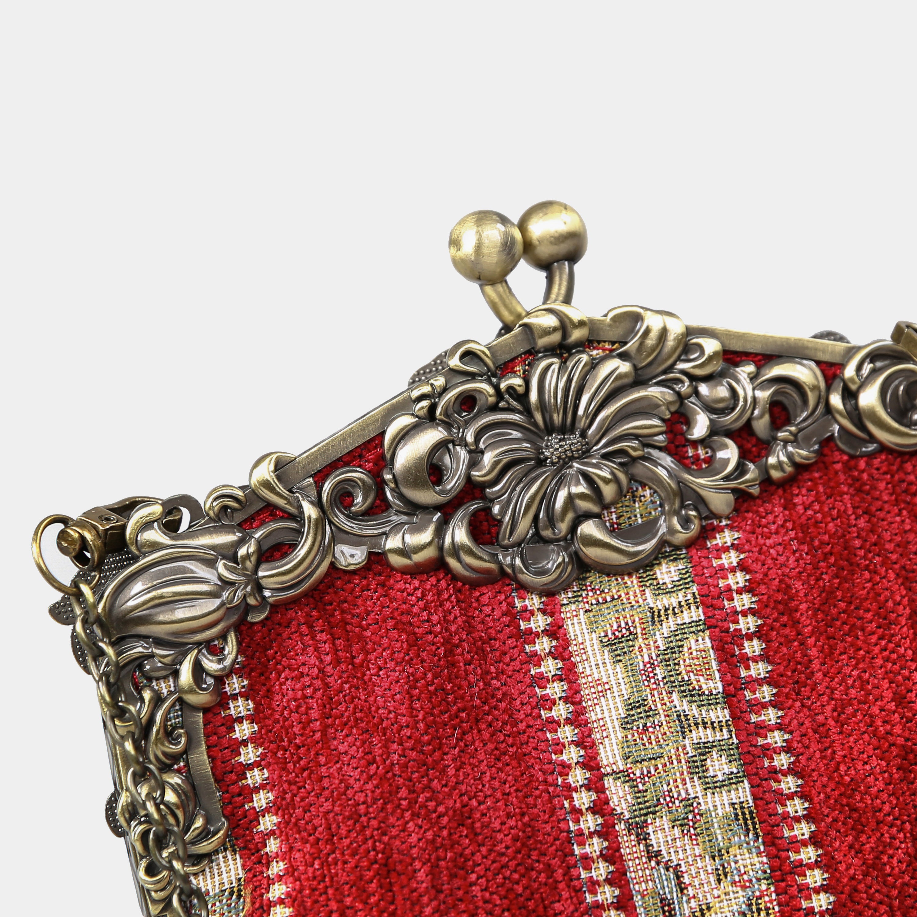 Floral Stripes Red Chatelaine Purse Large carpet bag of America detail