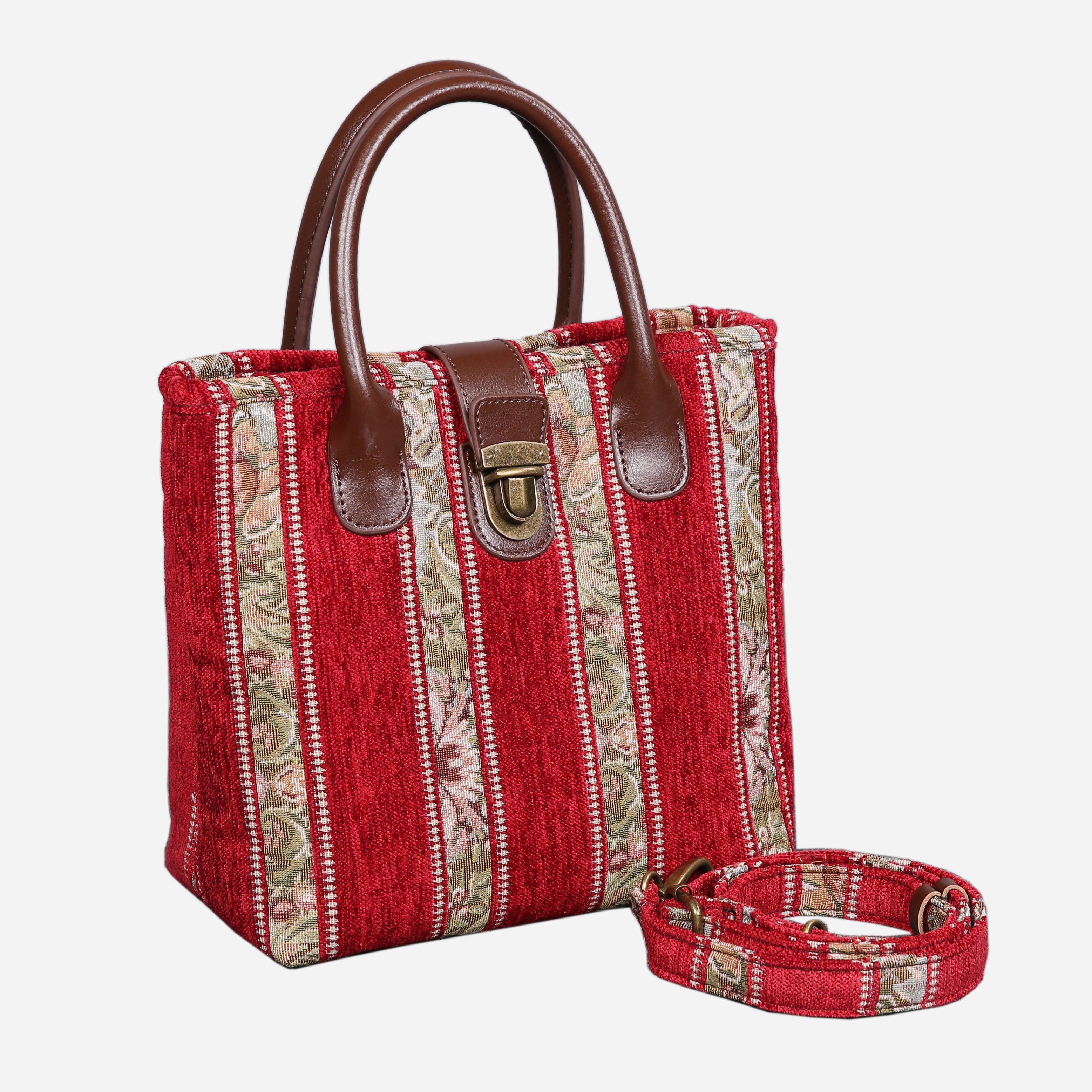 Floral Strips Red Tuck Lock Carpet Satchel carpet bag MCW Handmade of America with strap