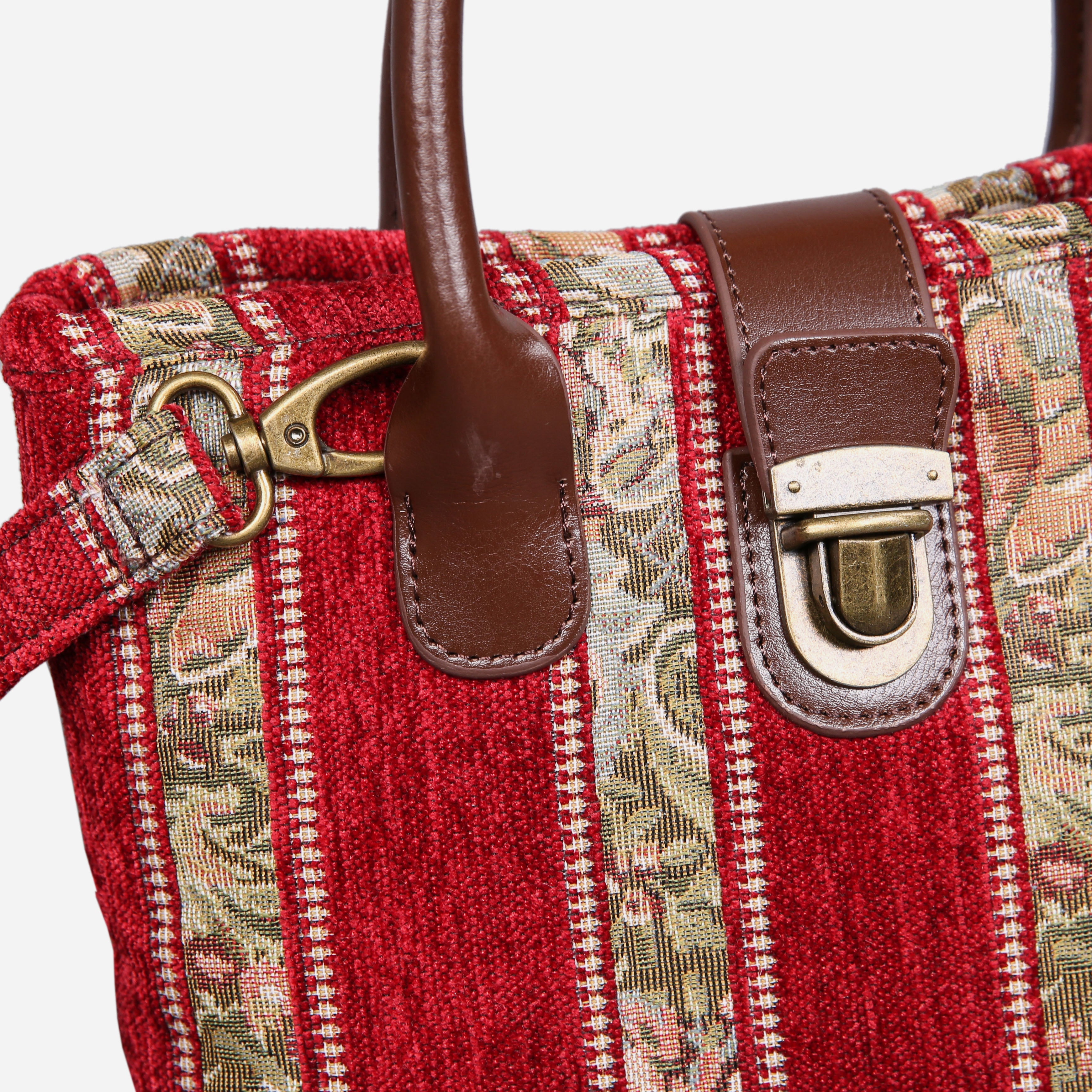 Floral Strips Red Tuck Lock Carpet Satchel carpet bag MCW Handmade of America details