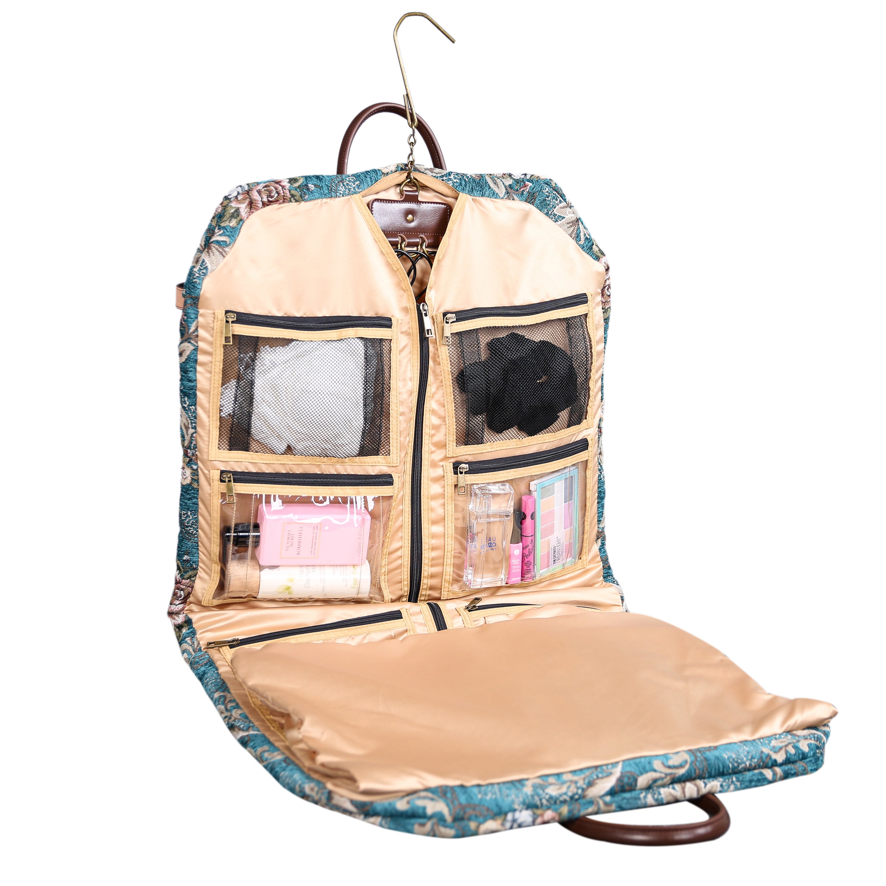 Floral Teal Carpet Garment Bag carpet bag of America in use