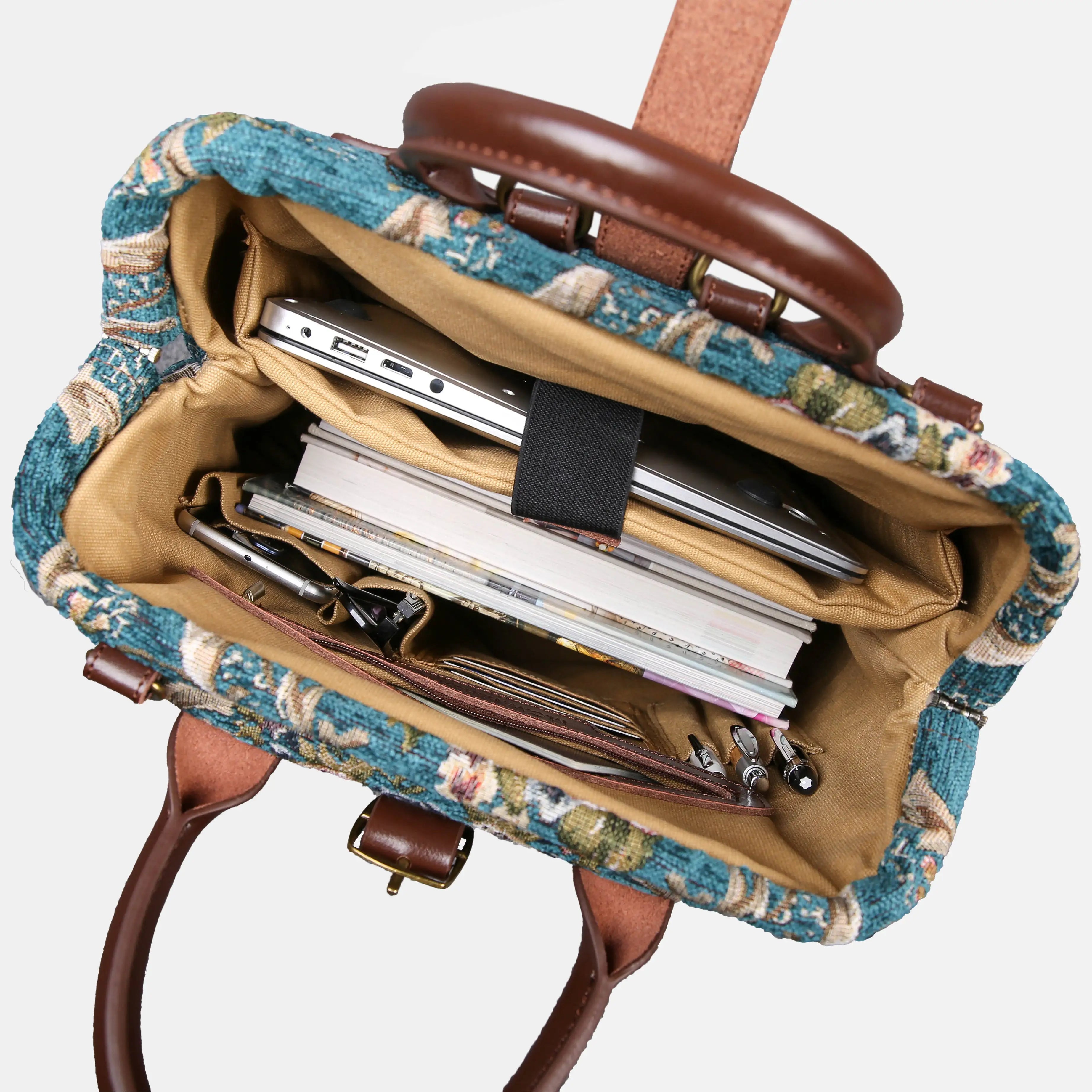 Floral Teal Carpet Laptop Backpack Carpetbag of America in use