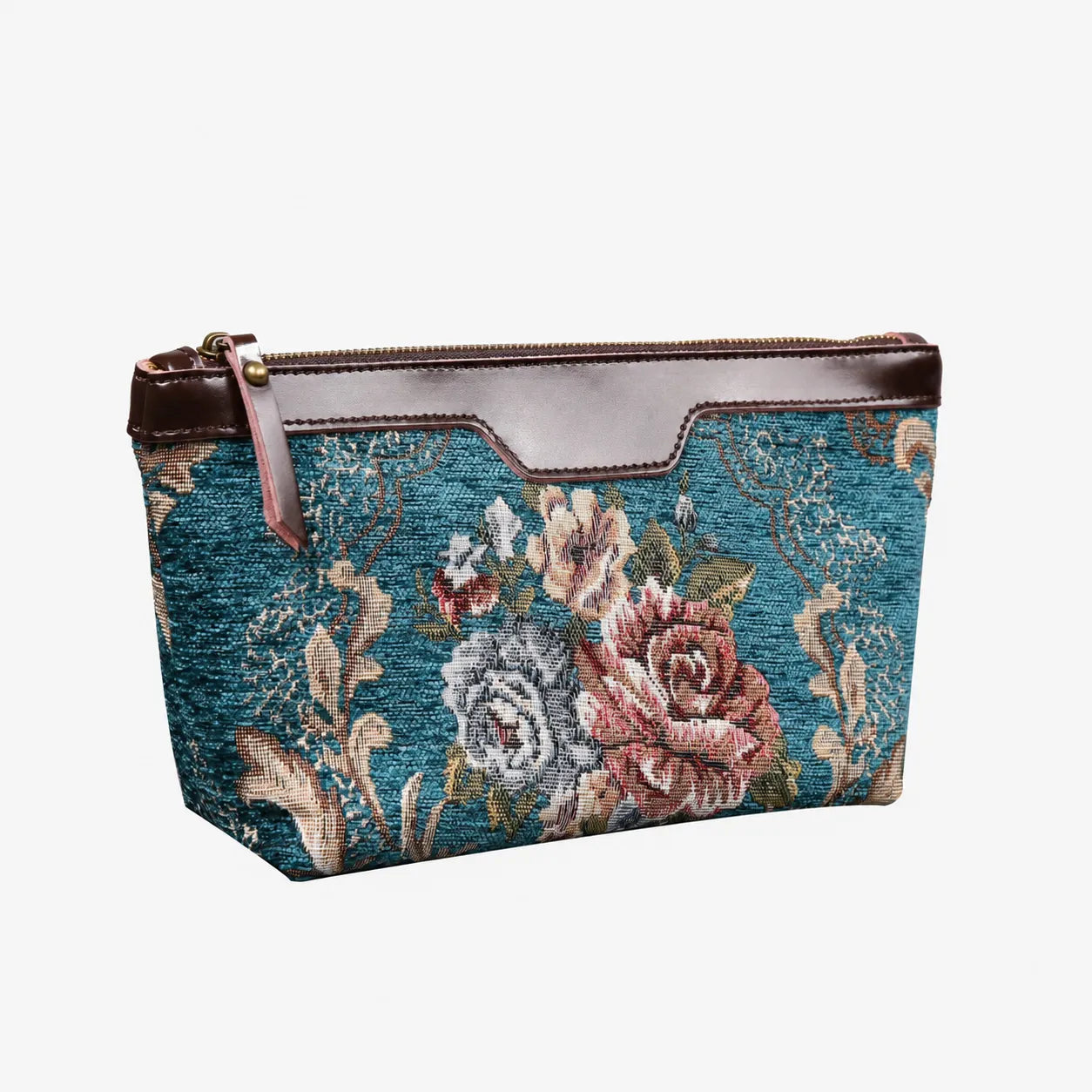 Floral Teal Carpet Makeup Bag carpet bag MCW Handmade of America front