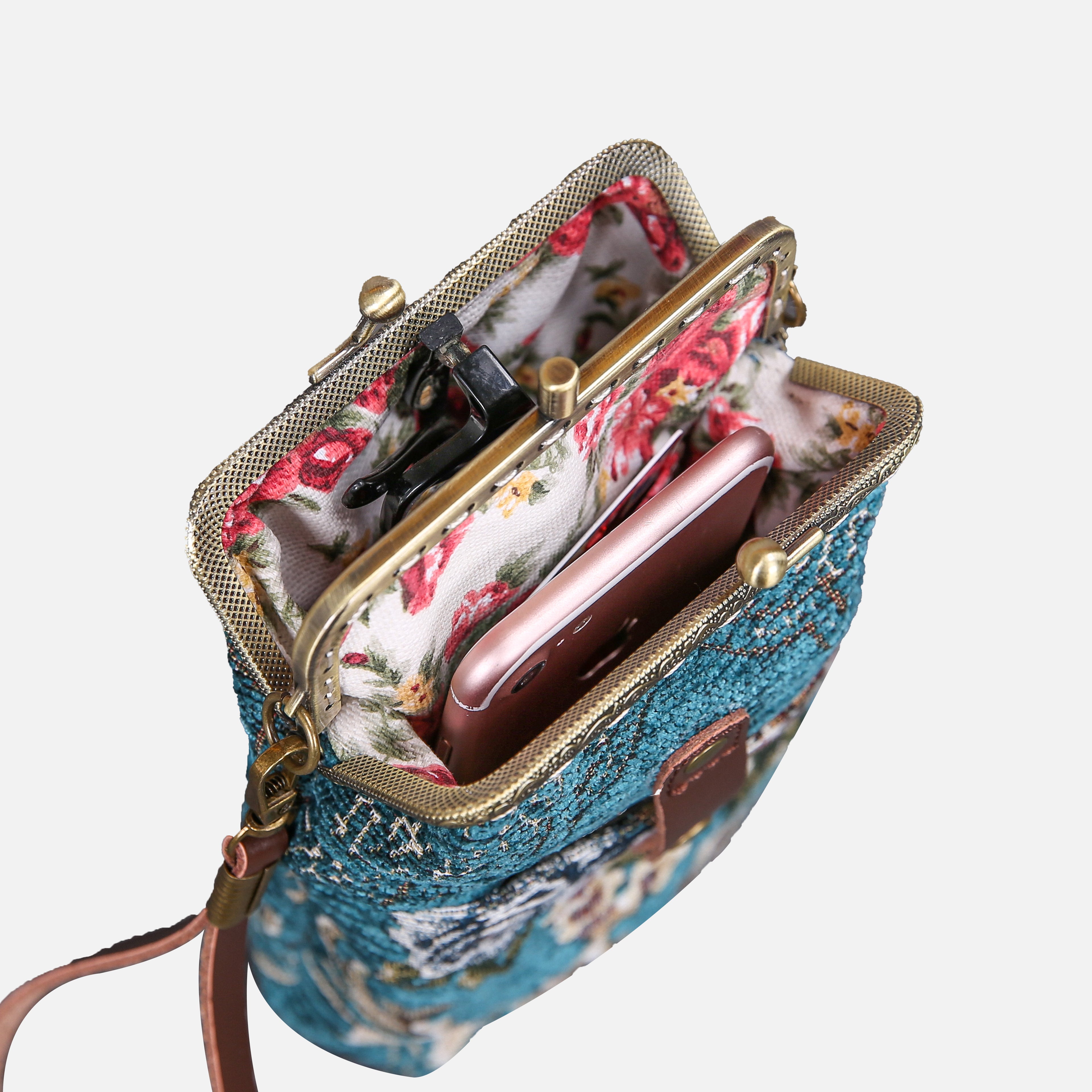 Floral Teal Carpet Phone Case Carpetbag of America in use