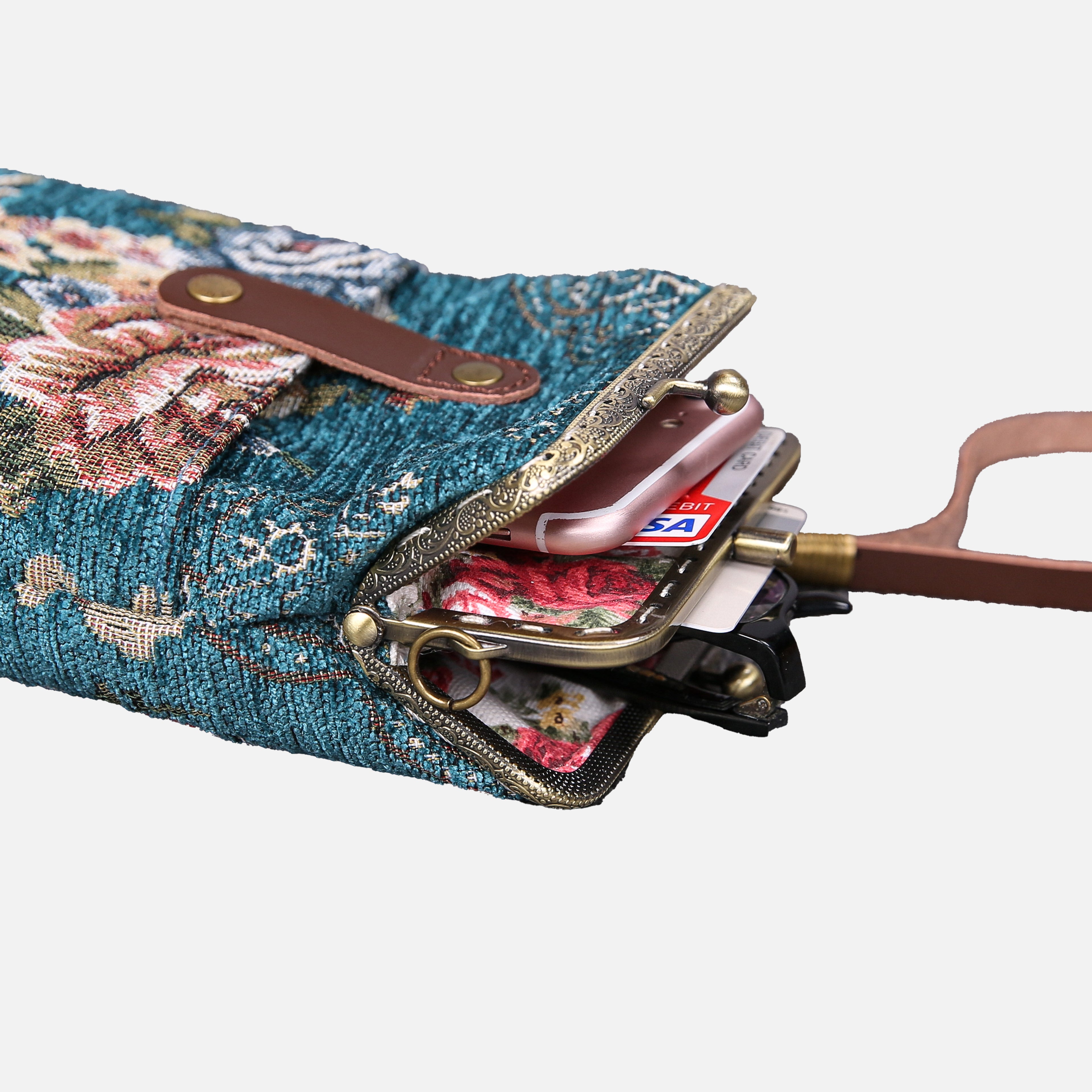 Floral Teal Carpet Phone Case Carpetbag of America open to the side