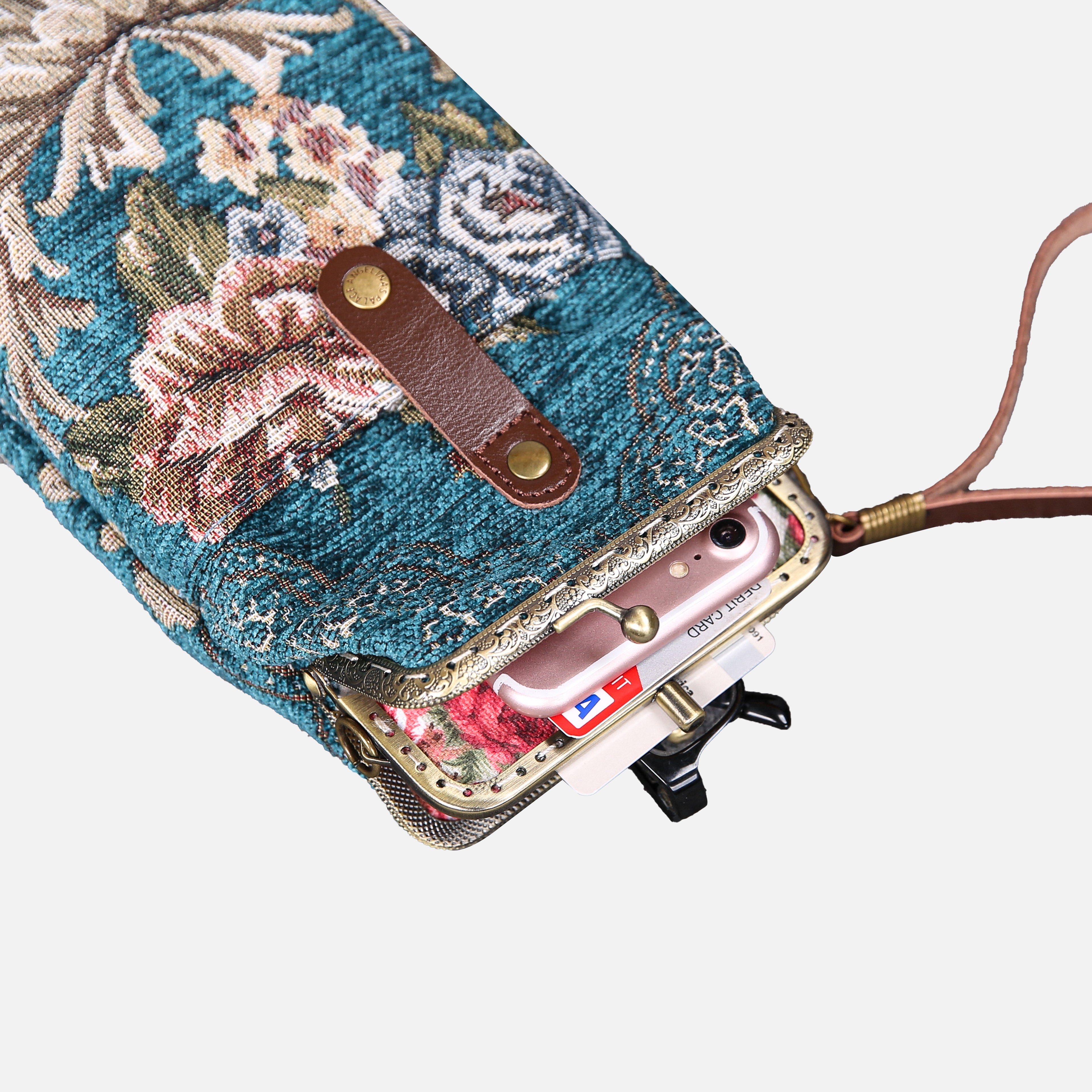 Floral Teal Carpet Phone Case Carpetbag of America lay flat