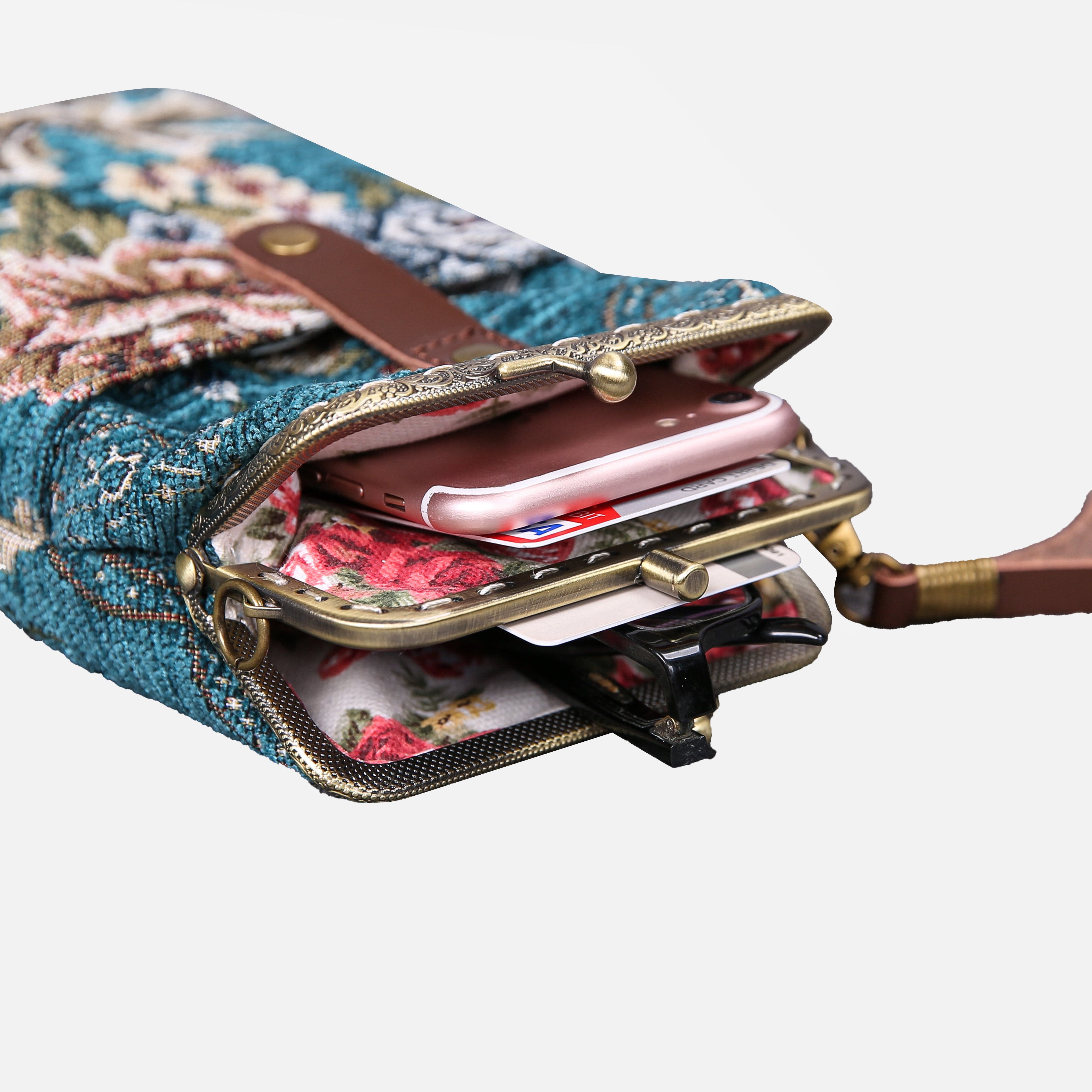 Floral Teal Carpet Phone Case Carpetbag of America inside
