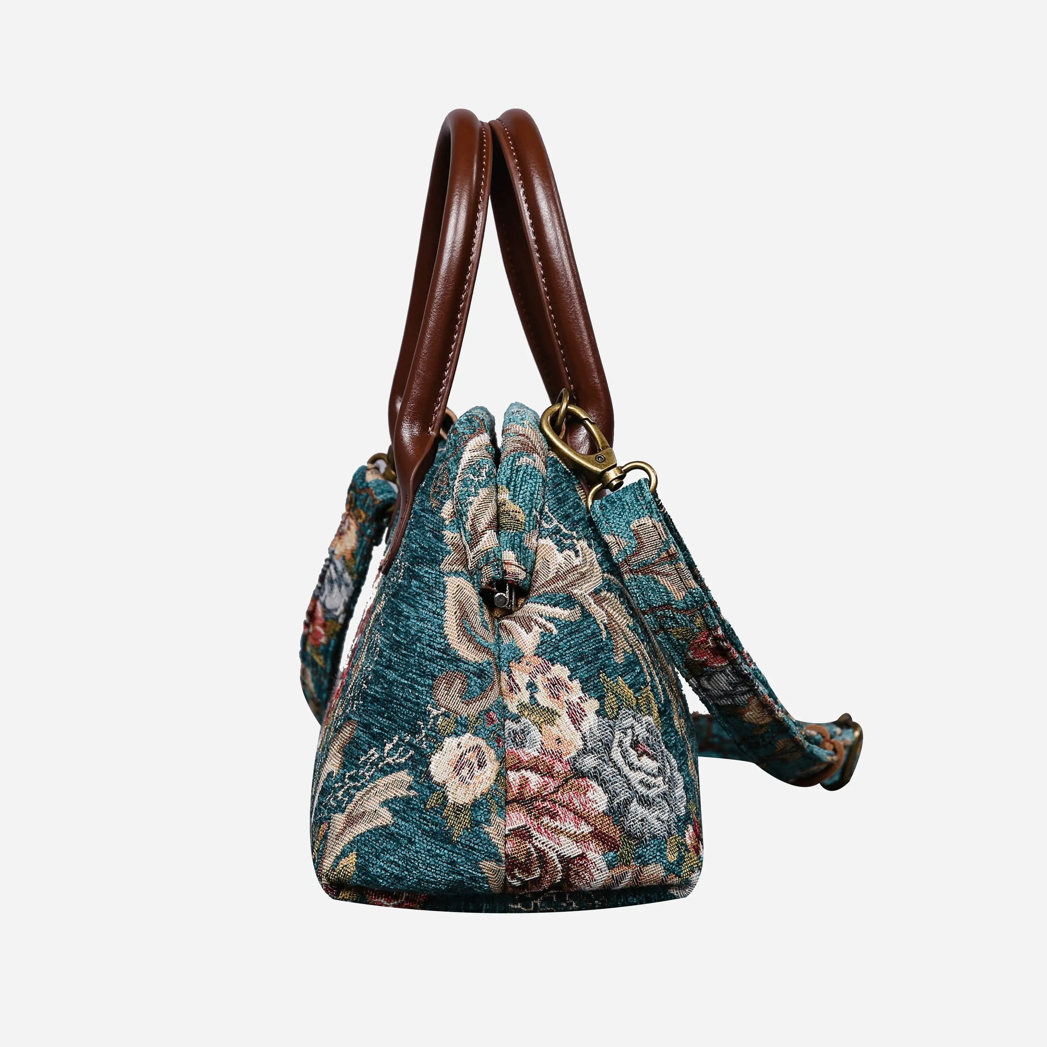 Floral Teal Carpet Satchel carpet bag MCW Handmade of America side