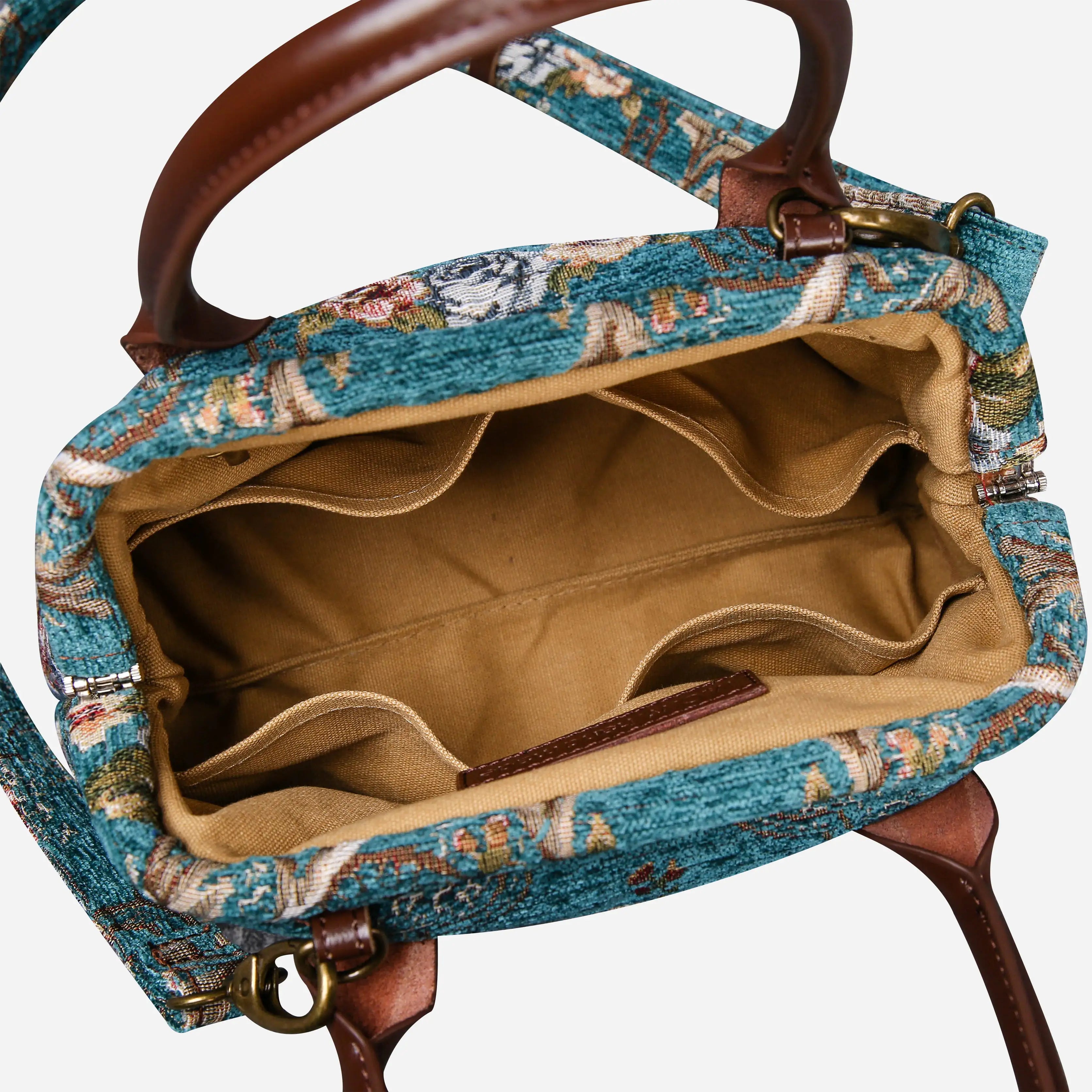 Floral Teal Carpet Satchel carpet bag MCW Handmade of America open