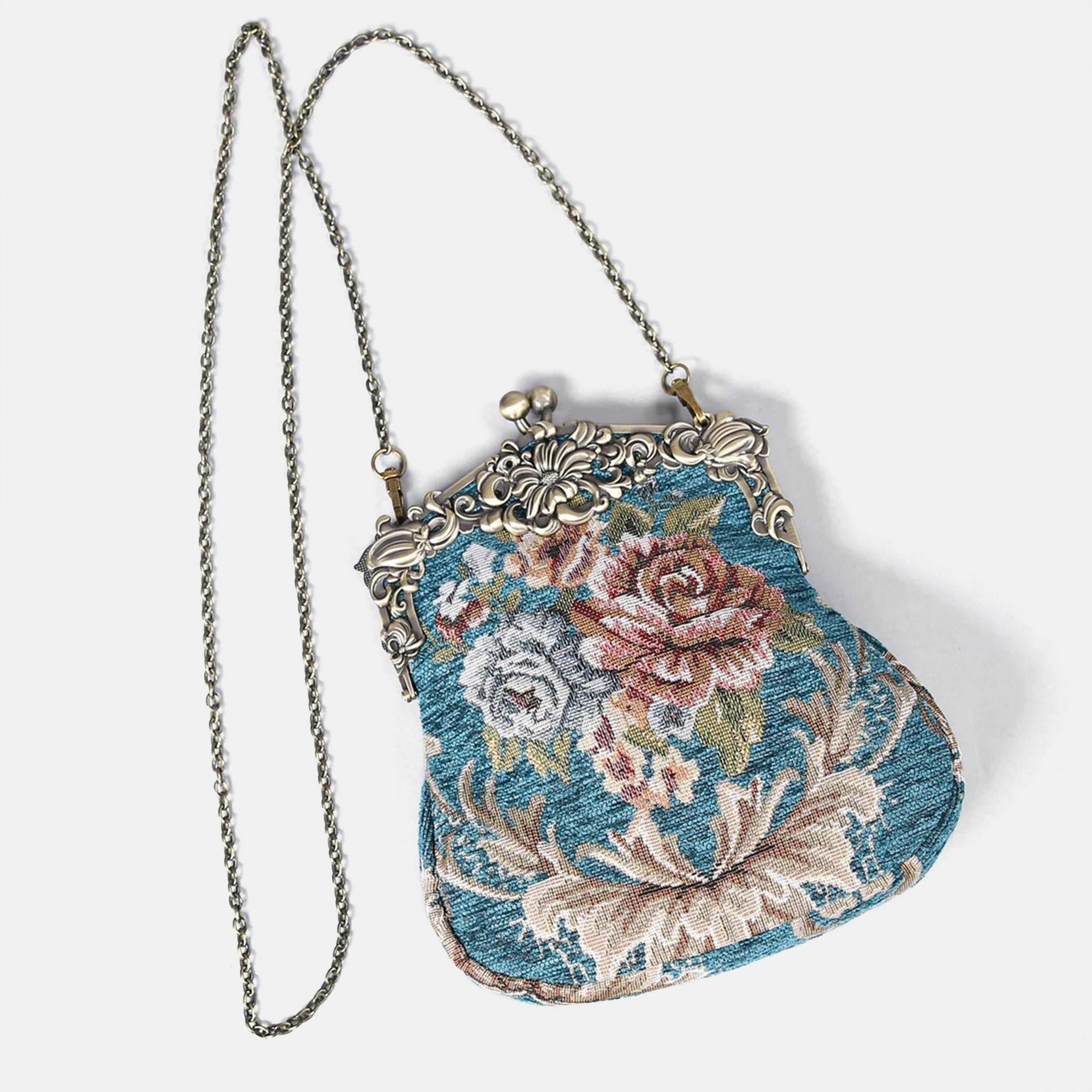 Floral Teal Chatelaine Purse Large carpet bag of America with long chain
