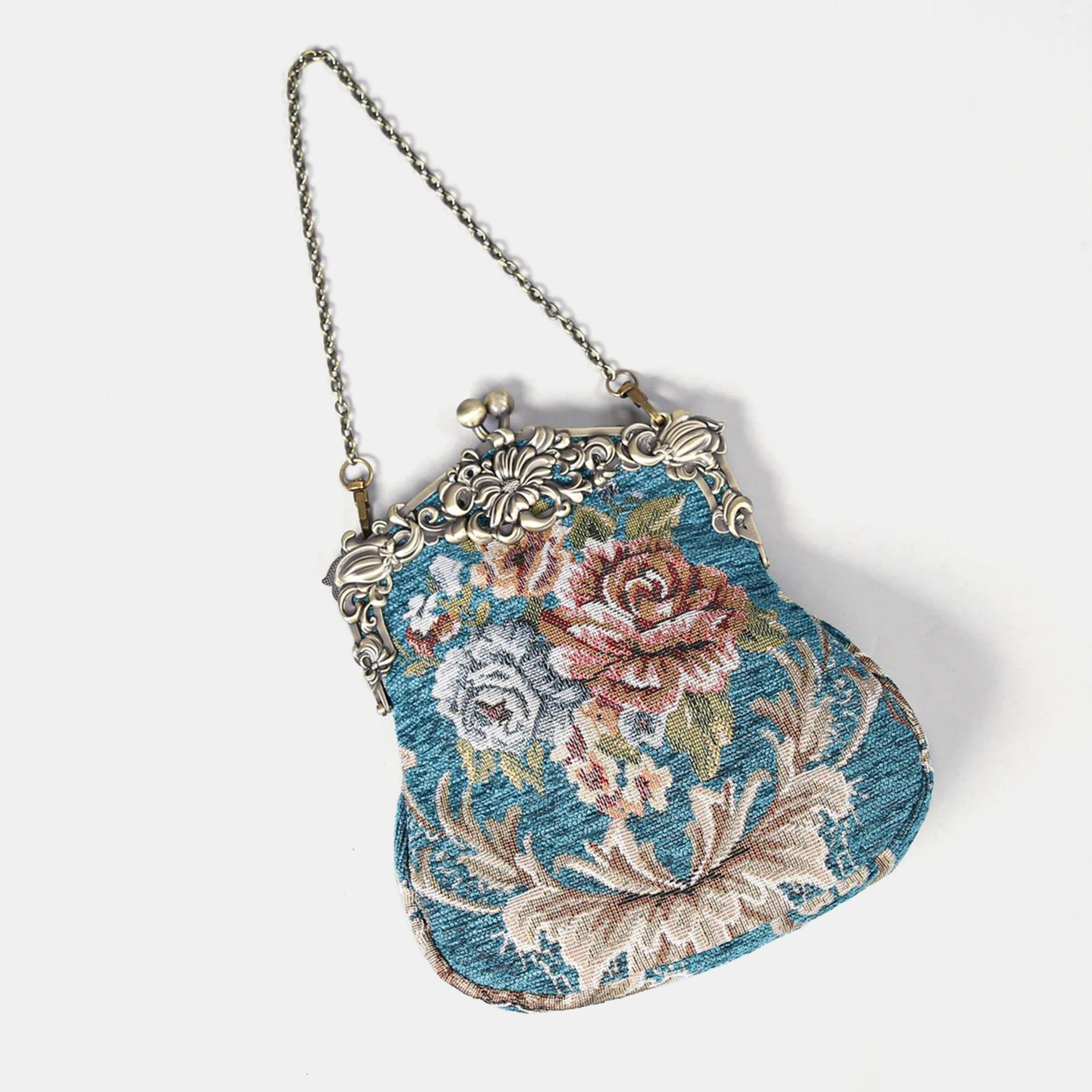 Floral Teal Chatelaine Purse Large carpet bag Mof America lay flat