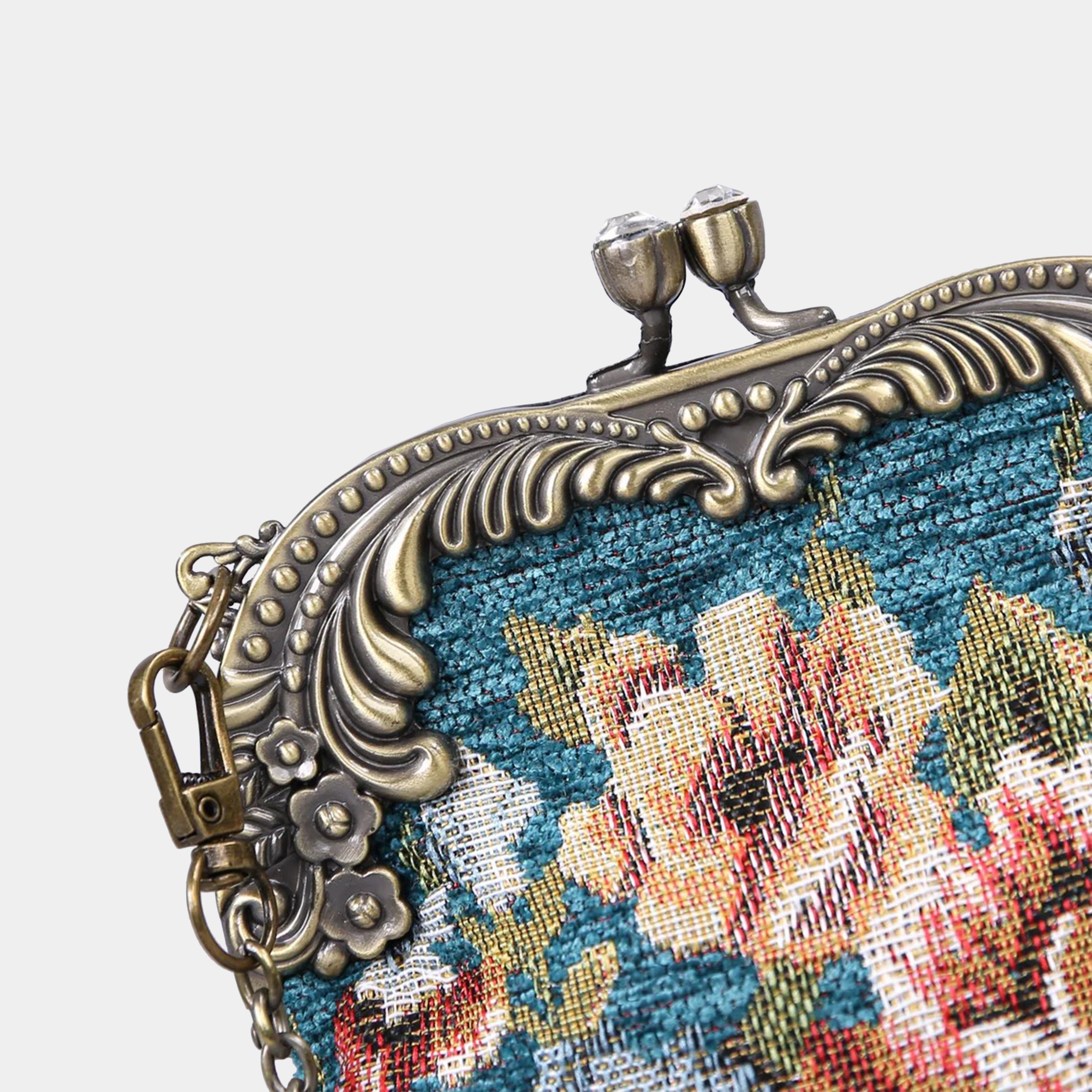 Floral Teal Chatelaine Purse Medium carpet bag of America buckle