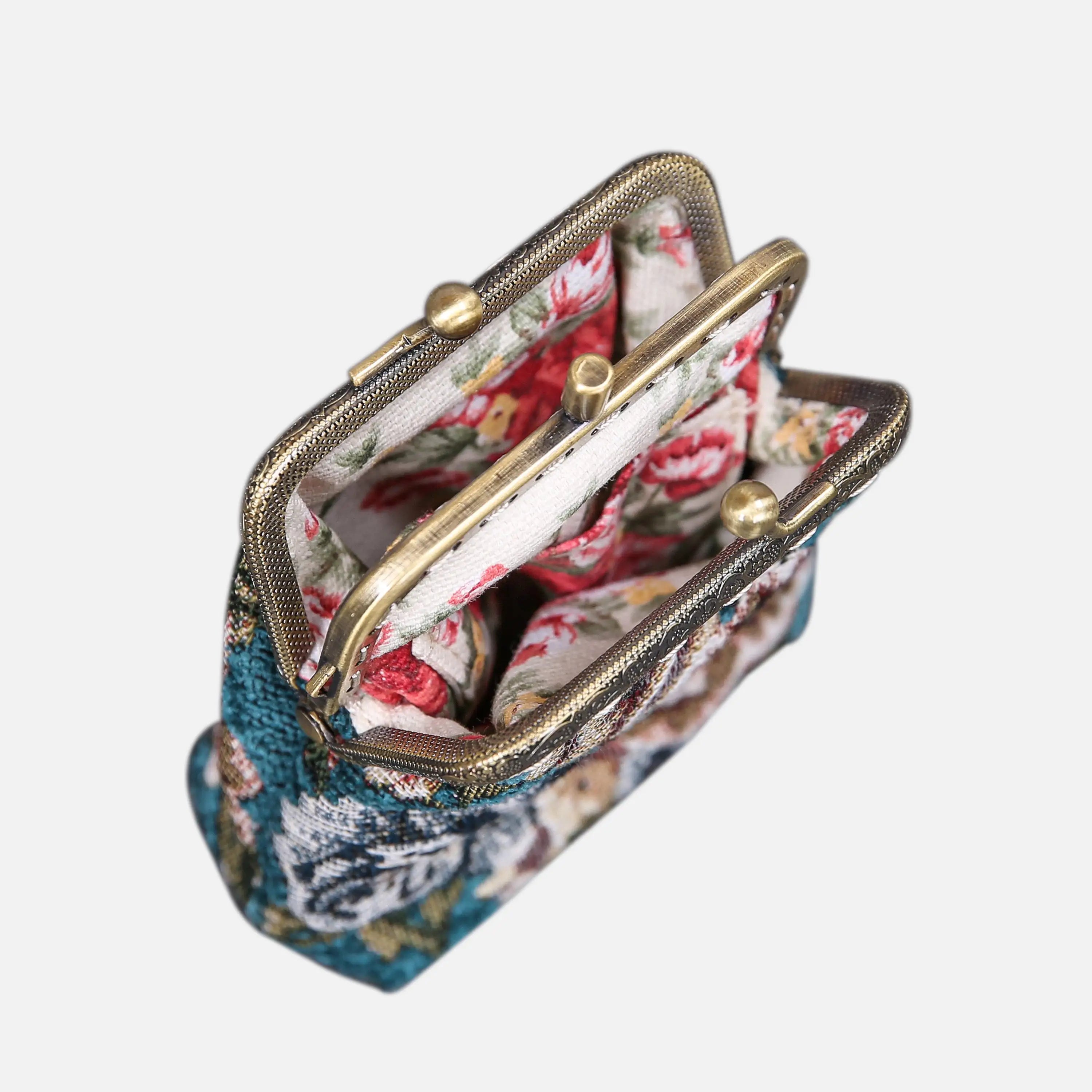 Floral Teal Double Kiss Clasp Coin Purse of America openning-2
