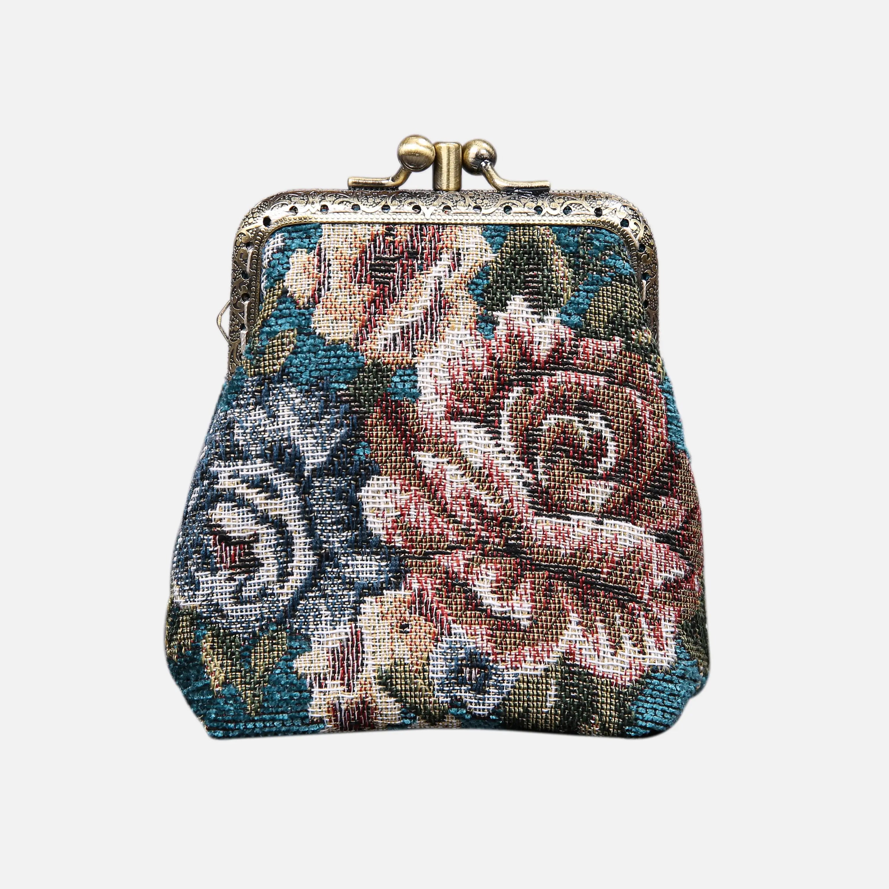 Floral Teal Double Kiss Clasp Coin Purse of America front