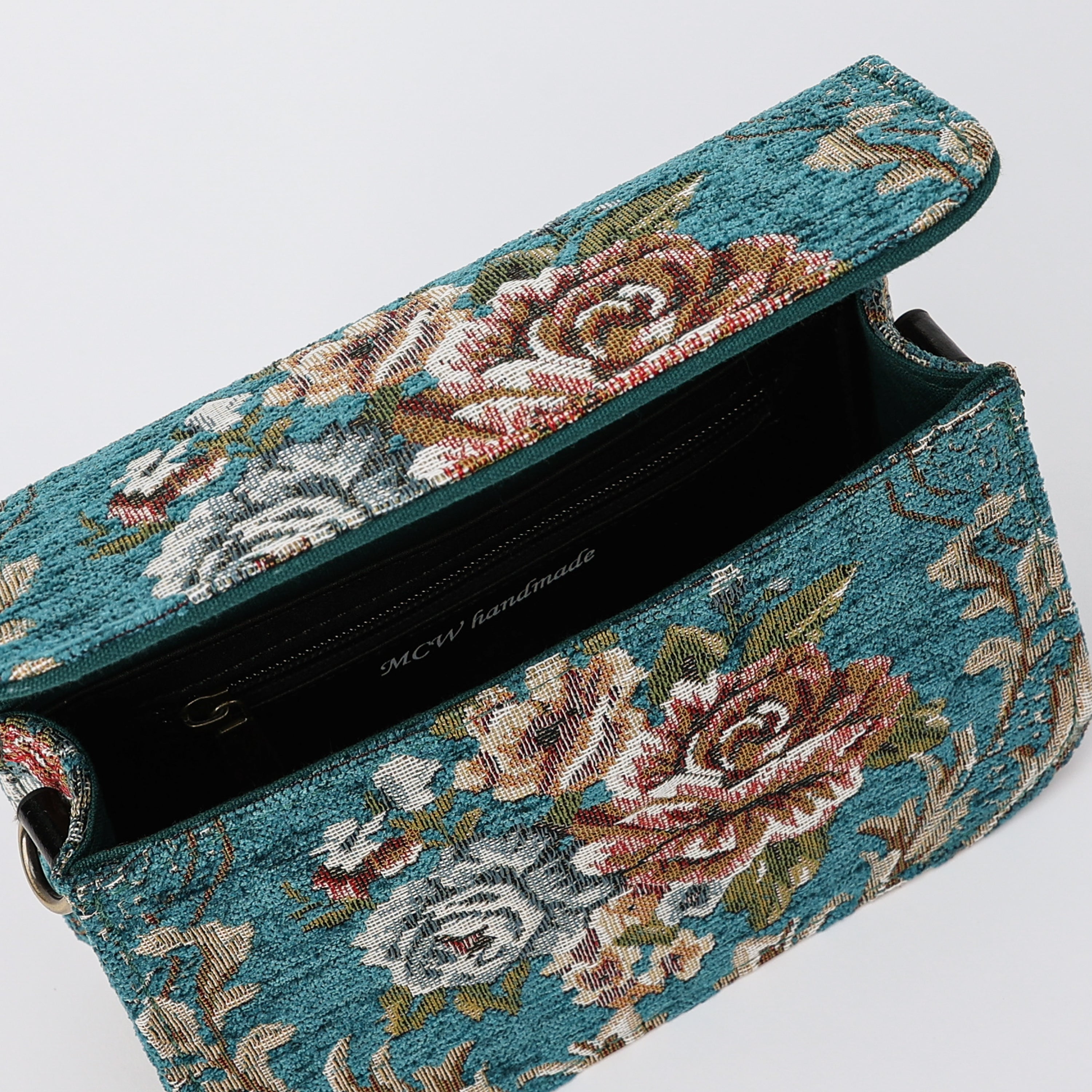 Floral Teal Flap Crossbody Bag carpet bag of America opening