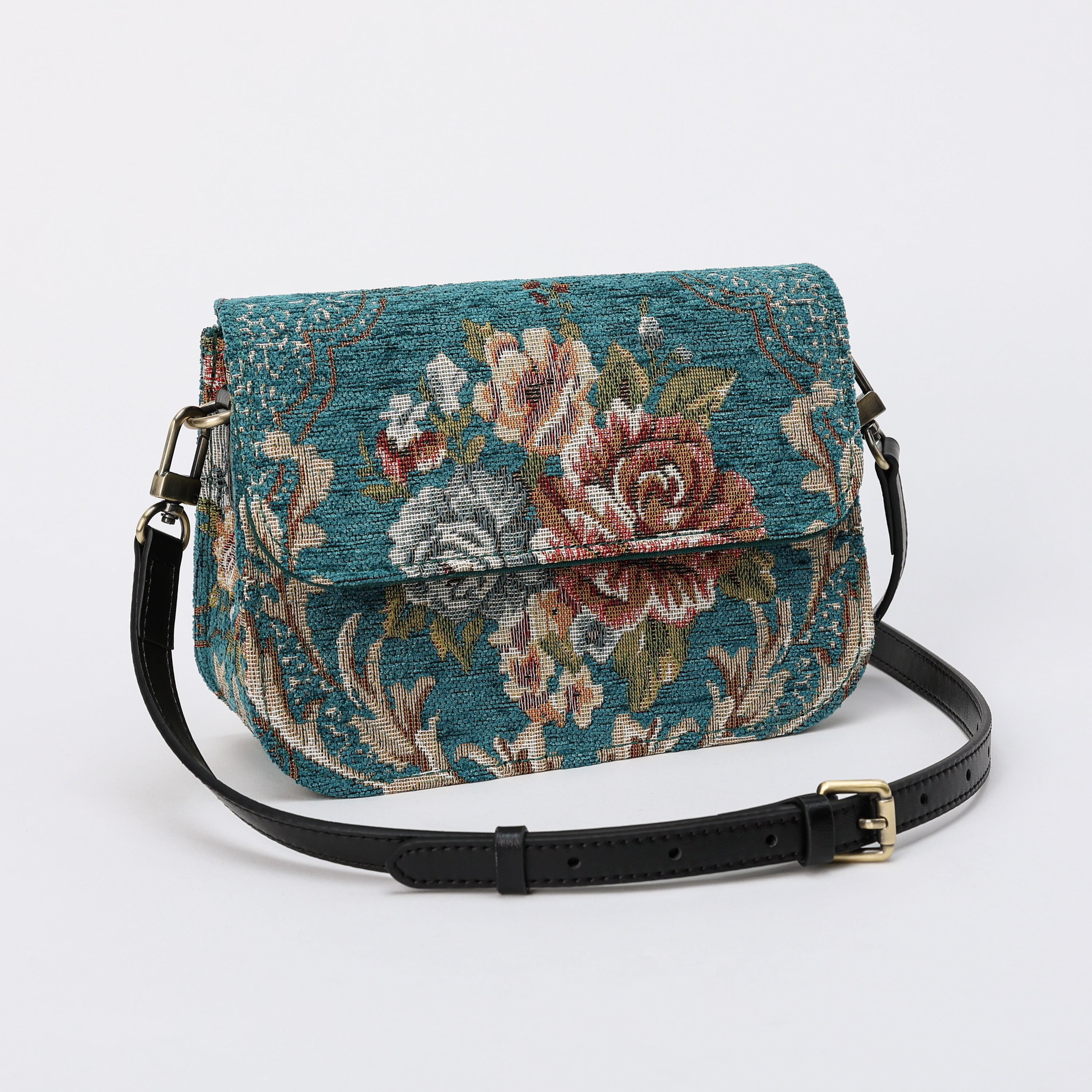 Floral Teal Flap Crossbody Bag carpet bag of America overview