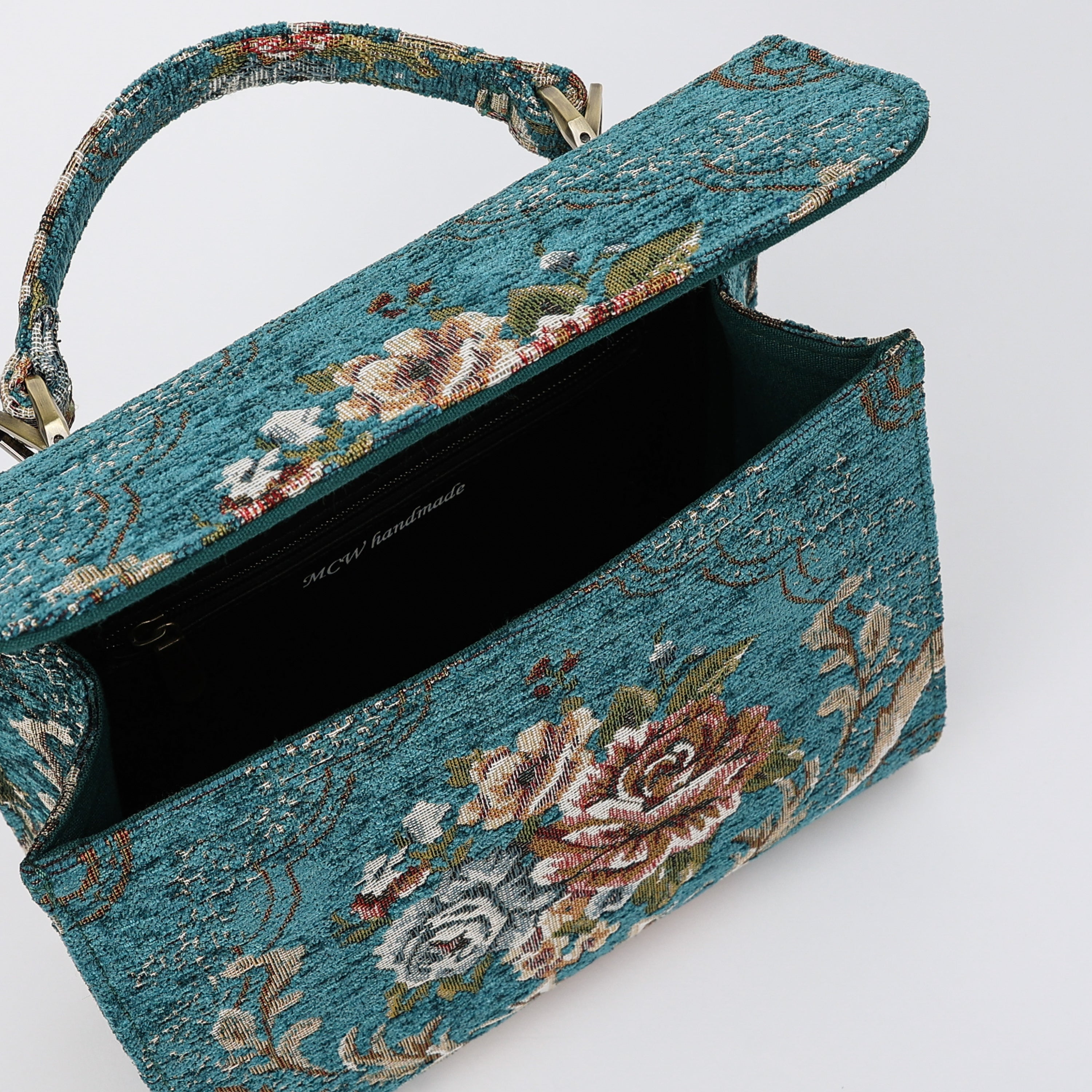 Floral Teal Flap Satchel Carpetbag of America opening