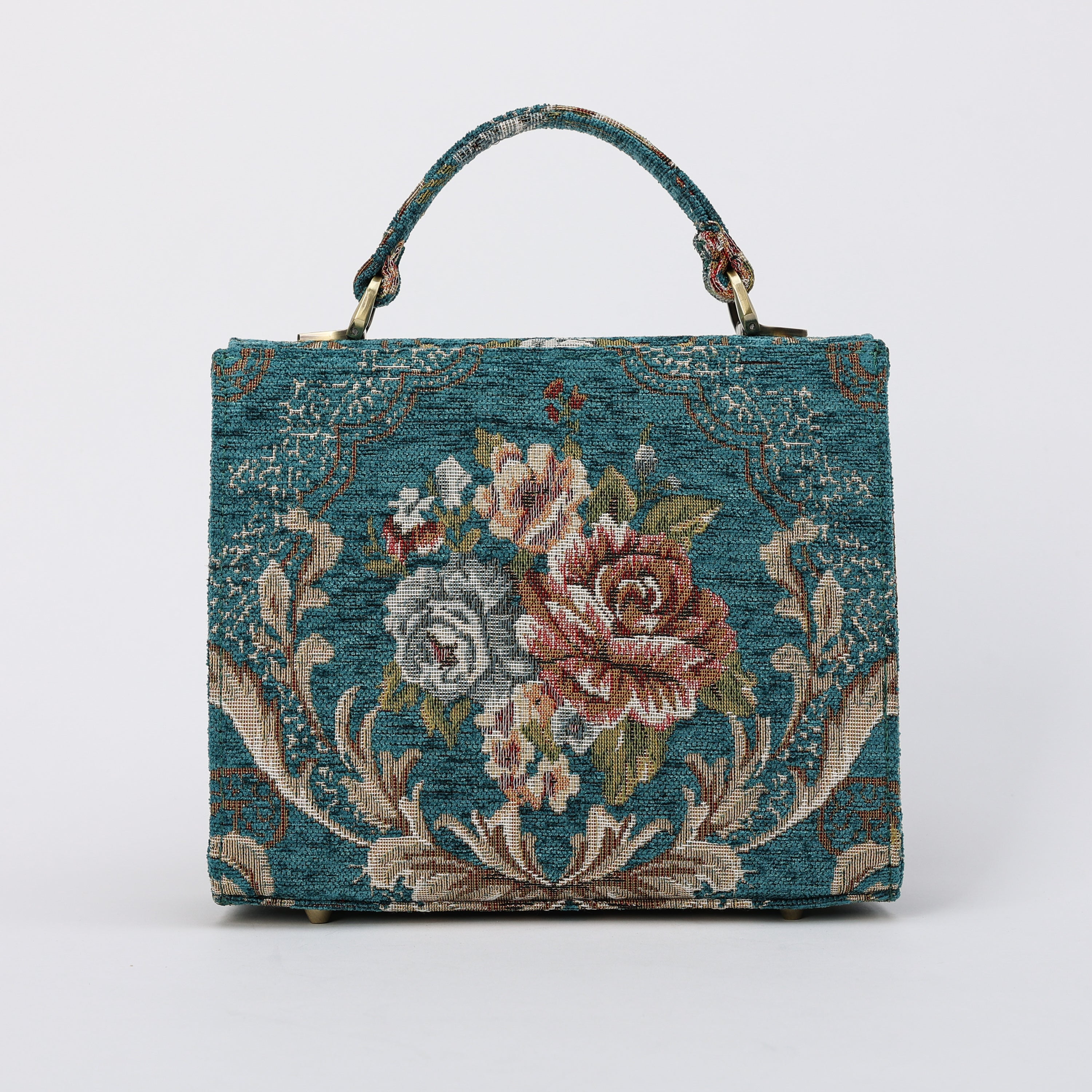 Floral Teal Flap Satchel Carpetbag of America back