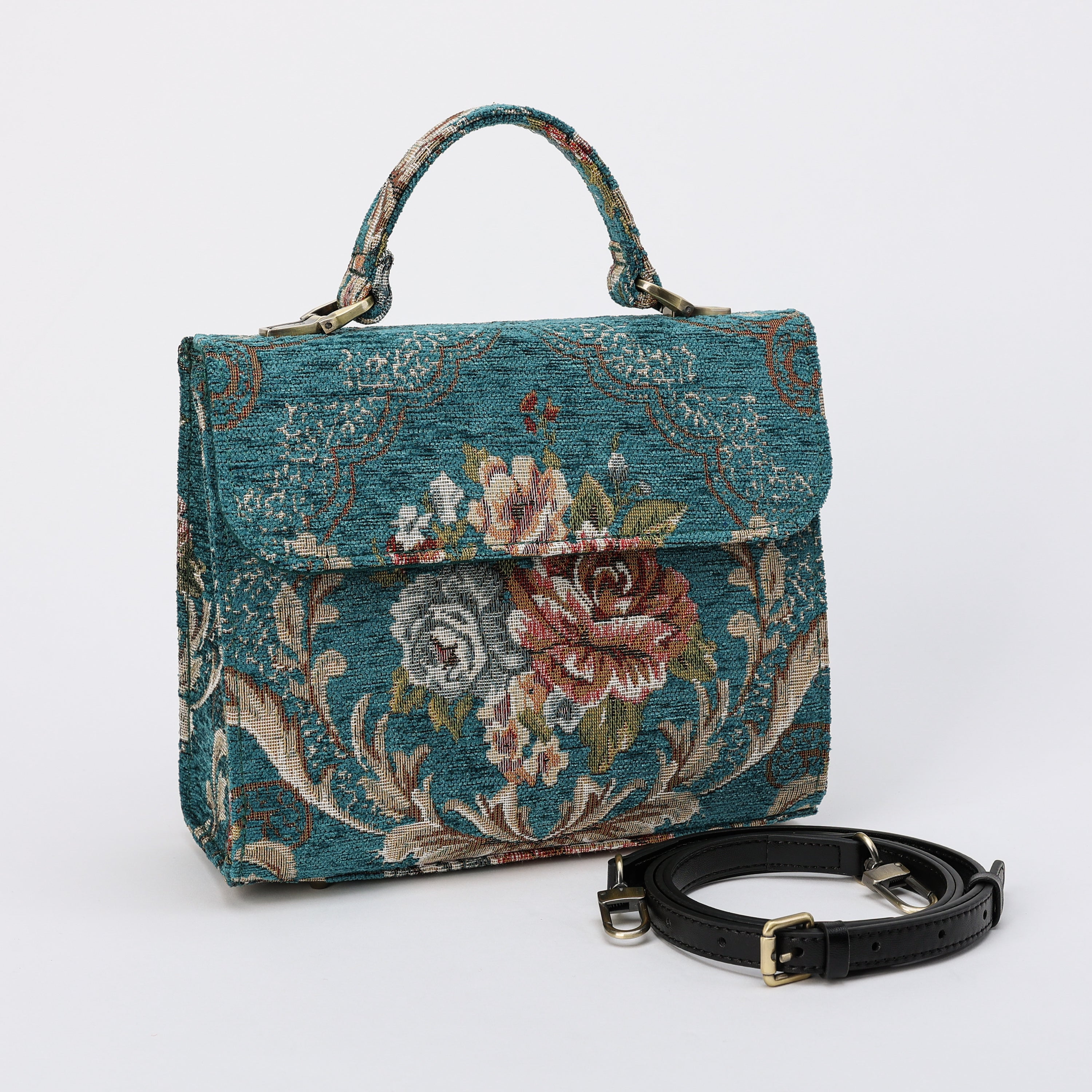 Floral Teal Flap Satchel Carpetbag of America front side
