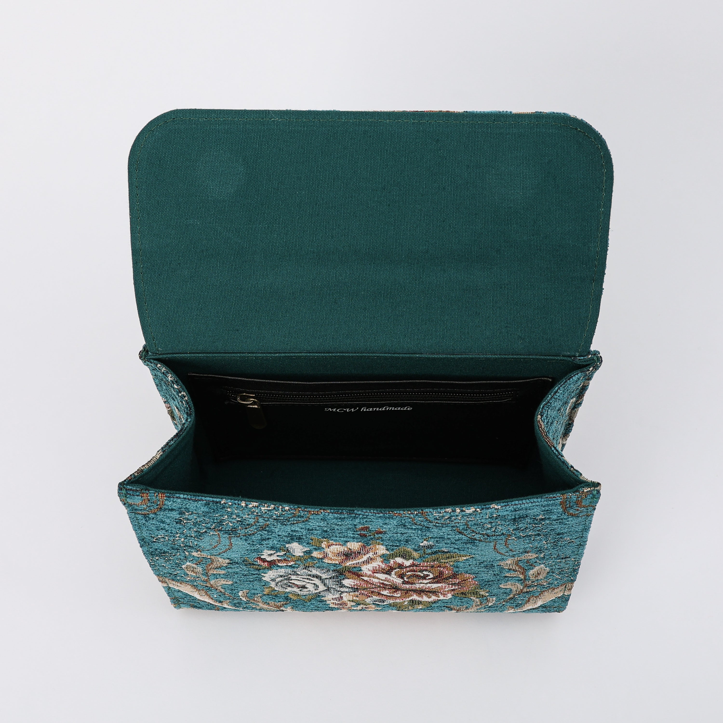 Floral Teal Flap Satchel Carpetbag of America inside