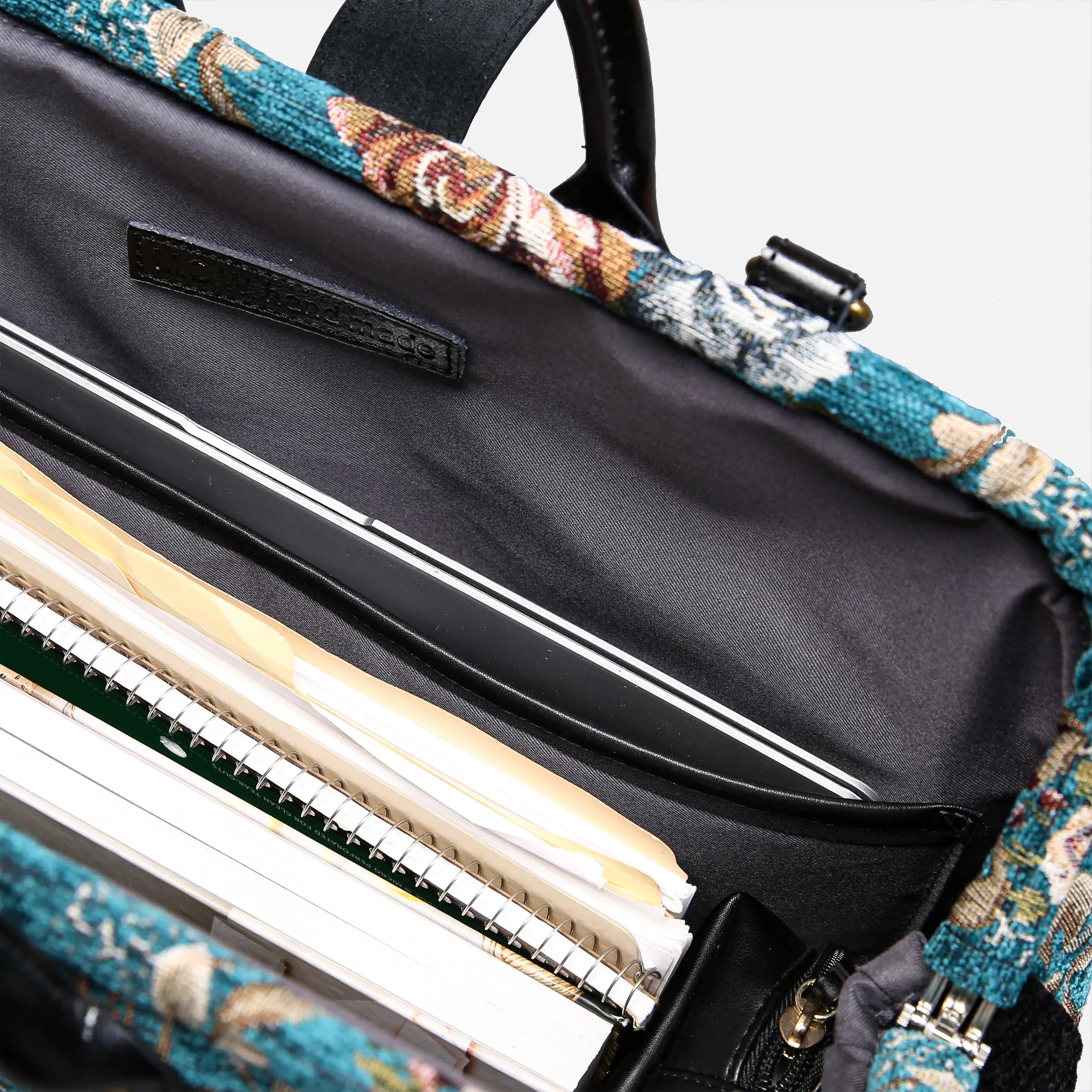 Floral Teal Laptop Work Bag carpet bag of America inside details