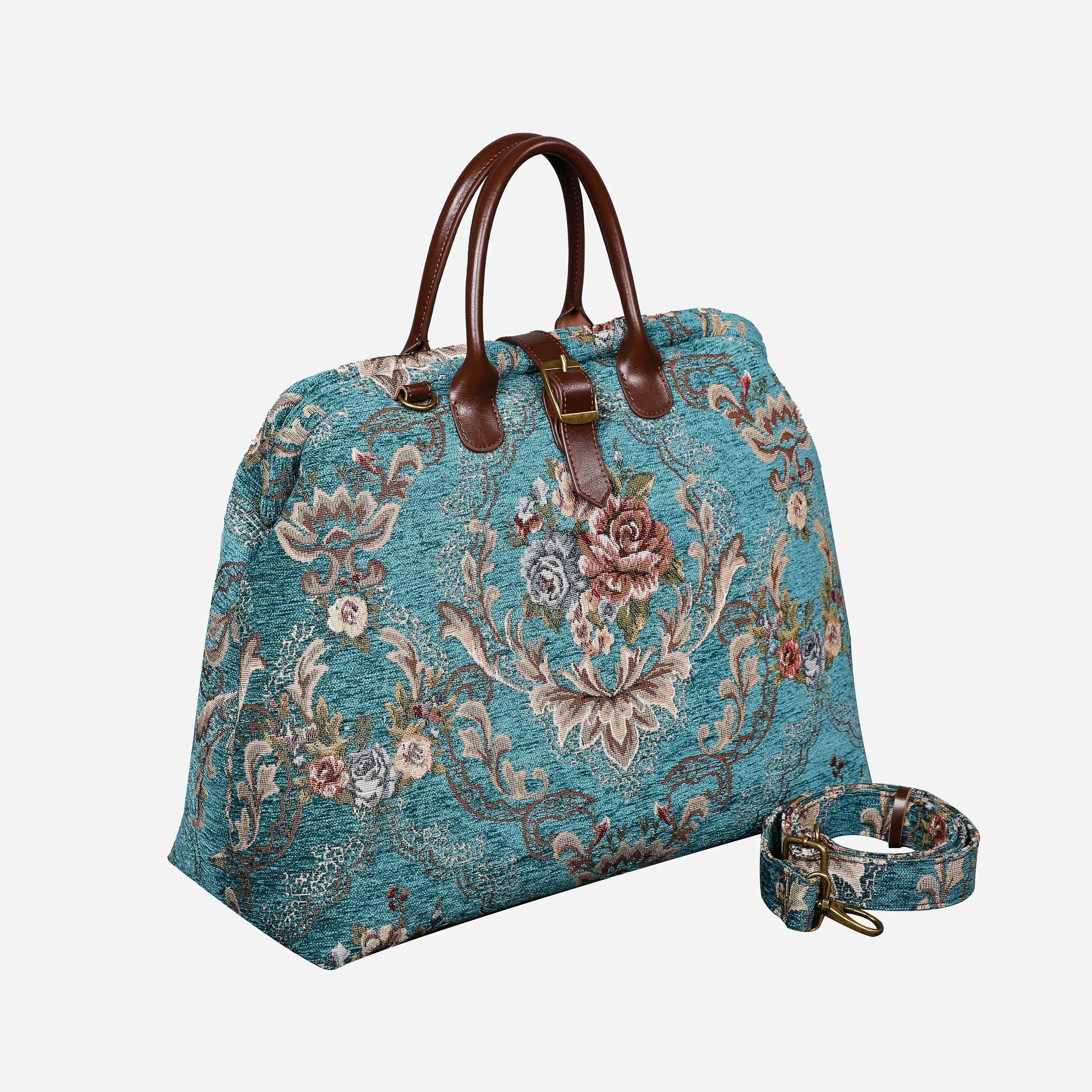 Floral Teal Mary Poppins Weekender Carpetbag with shoulder strap