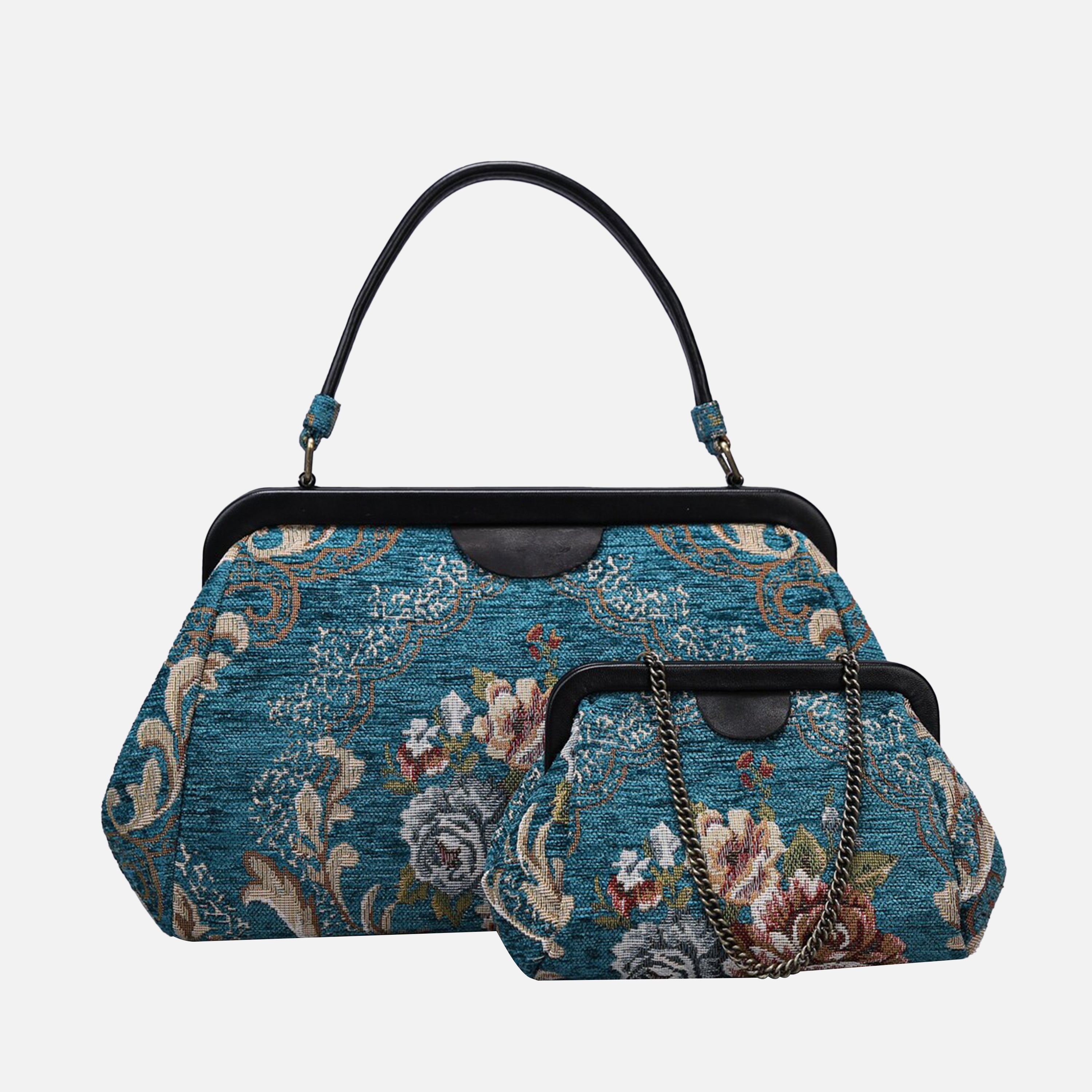 Floral Teal Top Handle Purse carpet bag of America different size